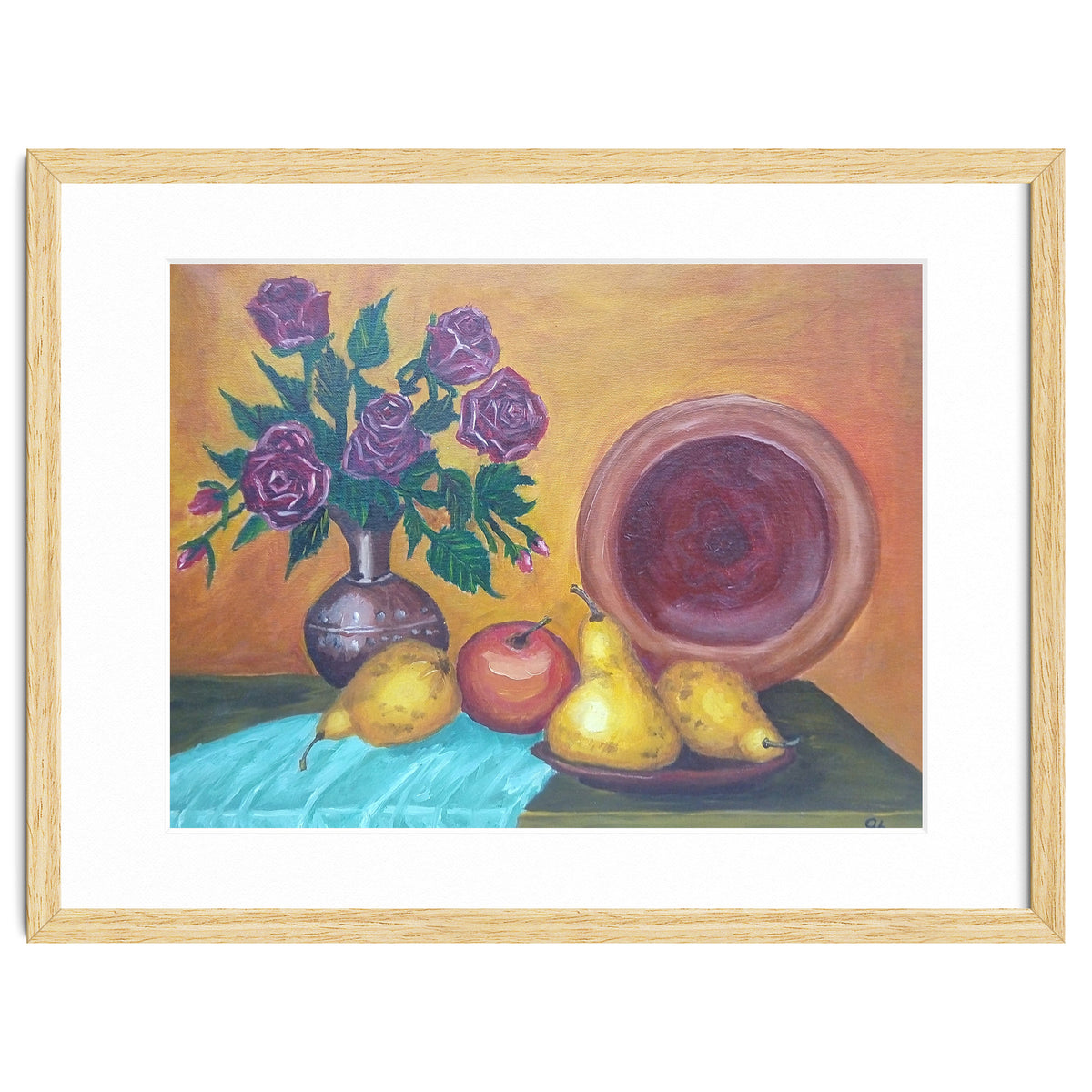 Still life with pears, roses and a dish.