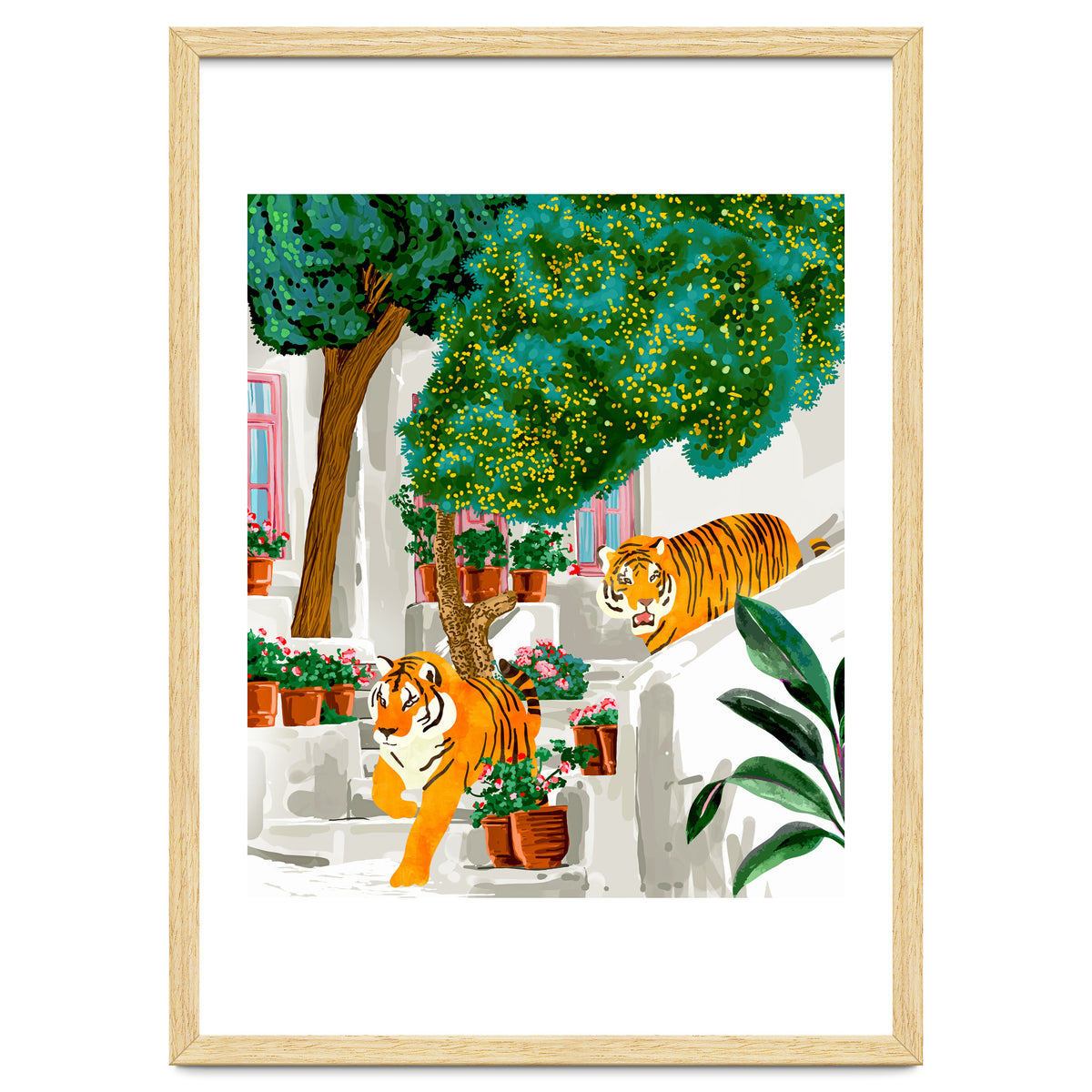 Tigers in Greece | Santorini Travel Architecture, Wildlife Animal Painting | Watercolor Illustration