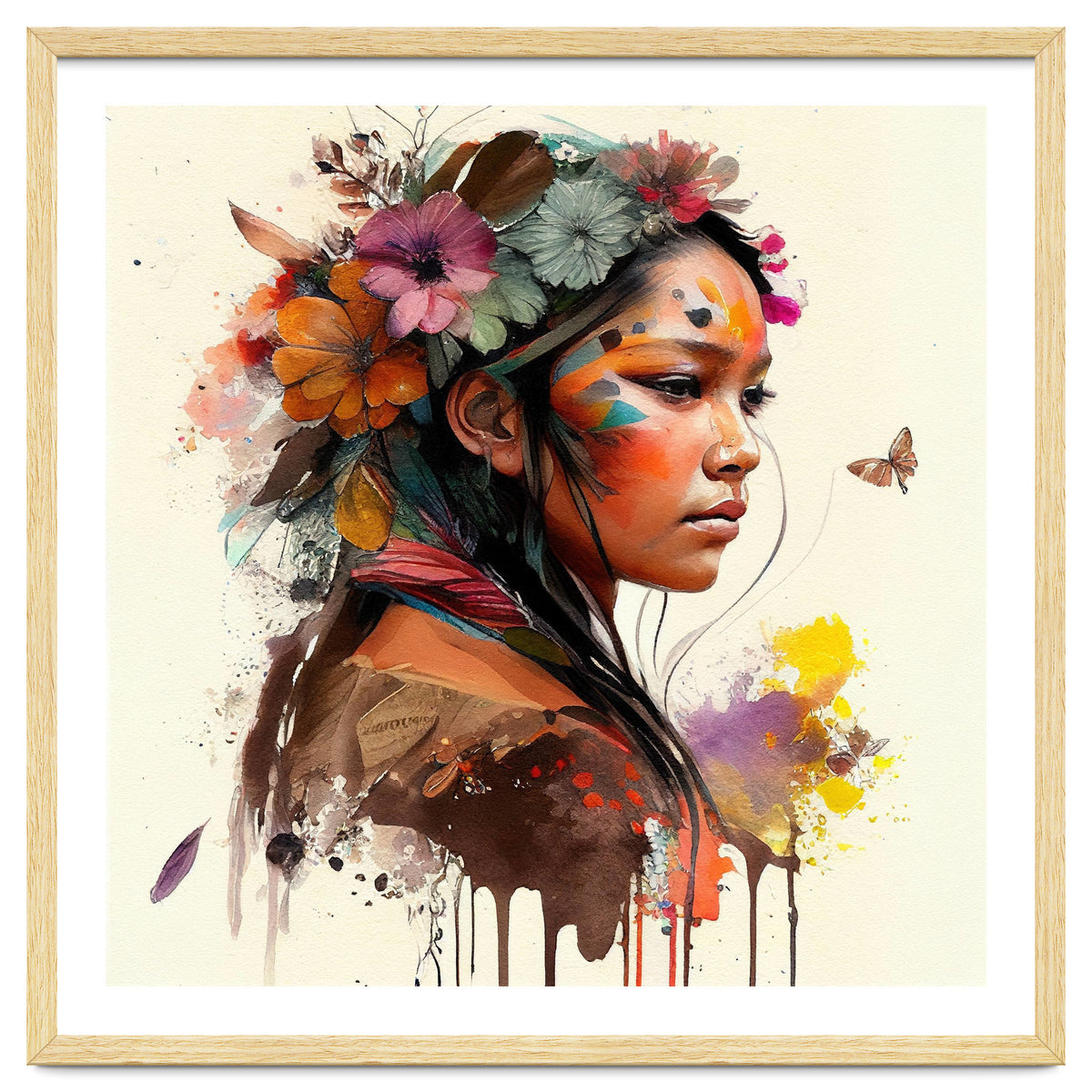 Watercolor Floral Indian Native Woman #4