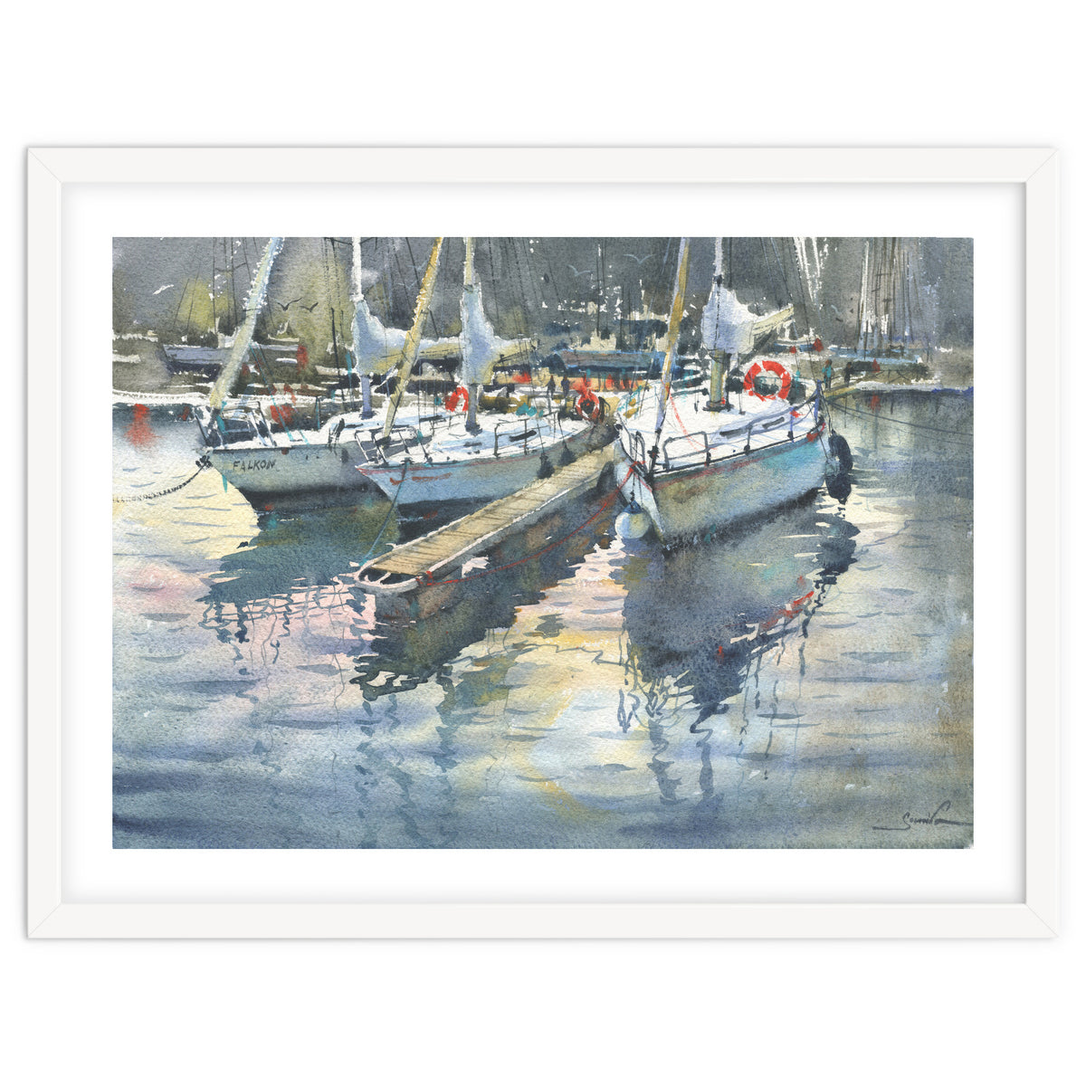 Yachts in the port. Watercolor painting