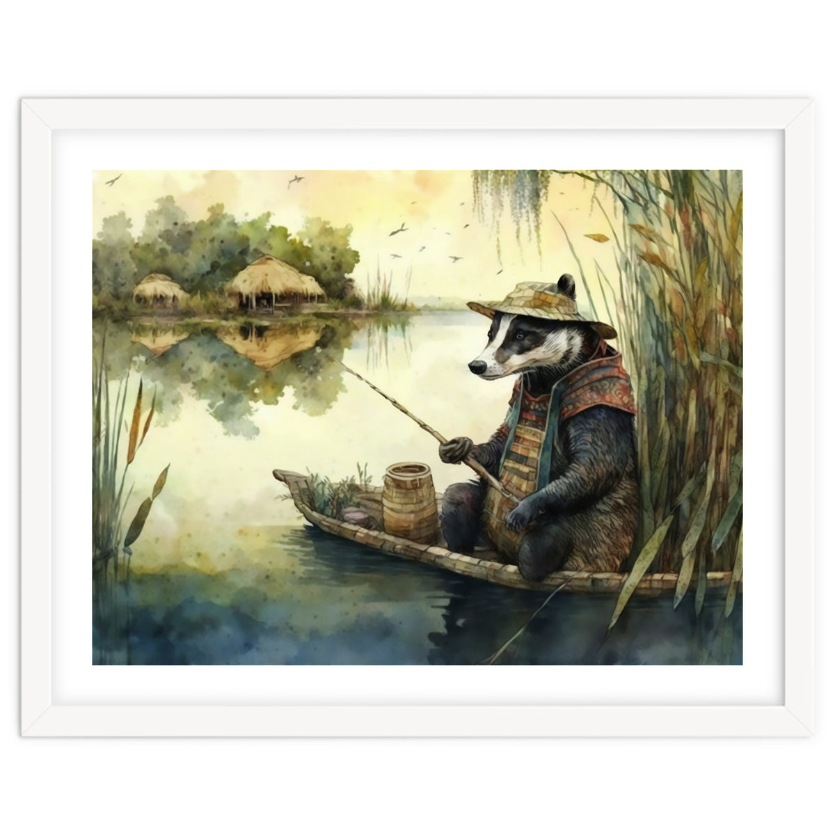 Badger Fishing Watercolor Painting