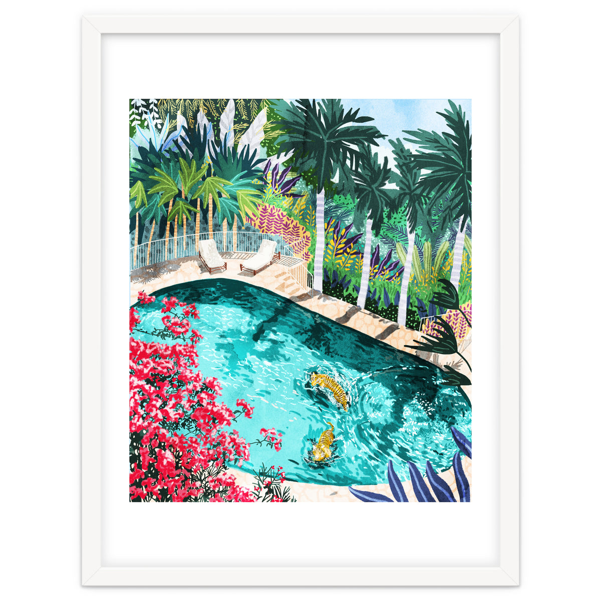 Luxury Tiger Villa illustration, Architecture Travel Nature Painting, Hotel Landscape Garden