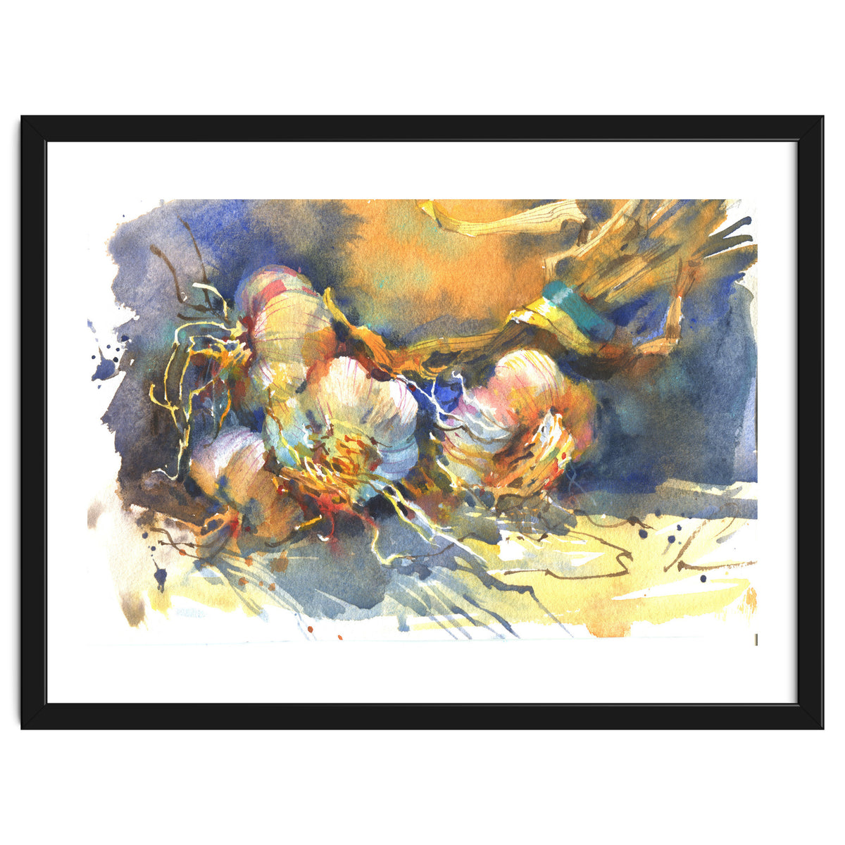 Garlic still life watercolor painting for kitchen