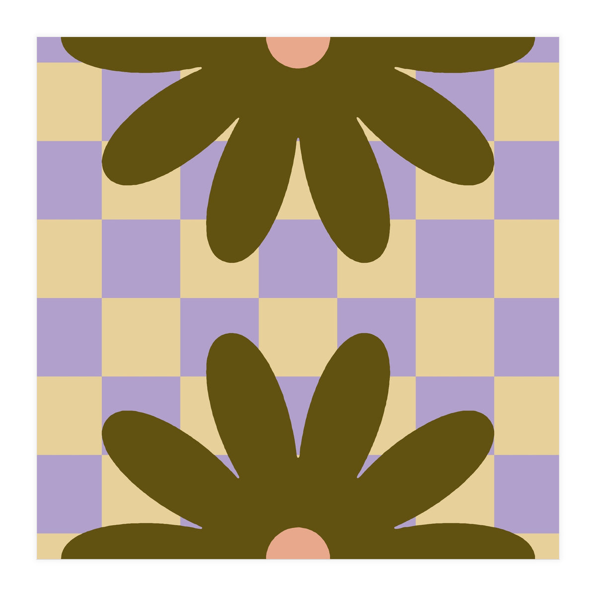 Retro Geometric Simple Flower on Checkerboard (Print Only)