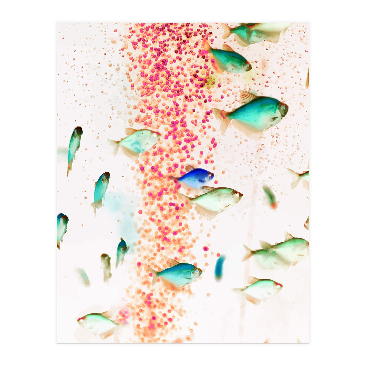 Something Fishy, Pink Bubbles & Blue Green Fish Graphic Design Digital Eclectic Surrealism (Print Only)