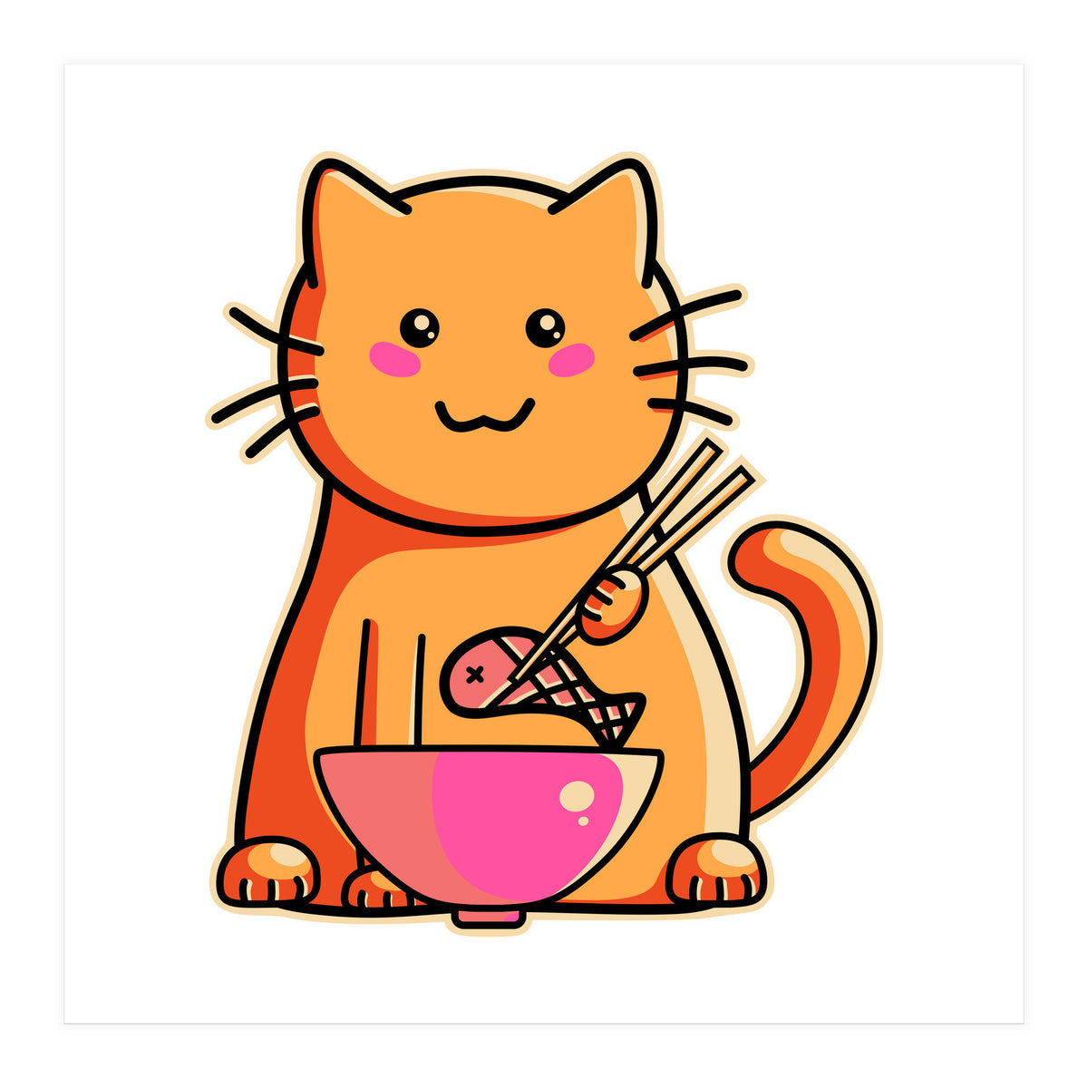 A Cat's Favourite Meal - kawaii cat eating fish with chopsticks (Print Only)
