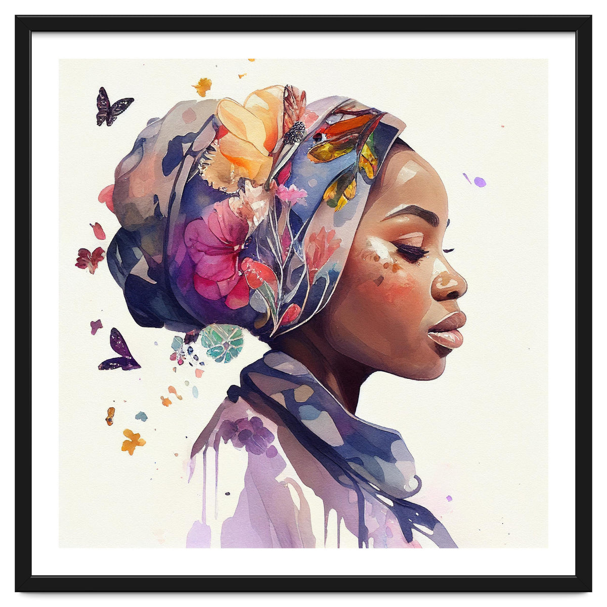 Watercolor Floral Muslim African Woman #1