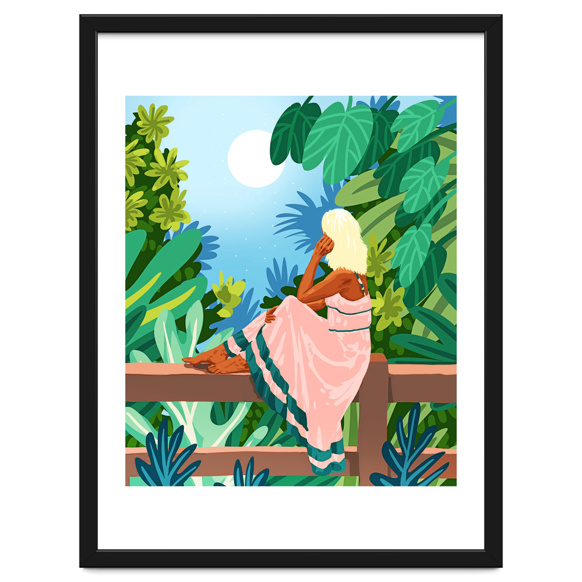 Forest Moon, Bohemian Woman Jungle Nature Tropical Colorful Travel Fashion Illustration