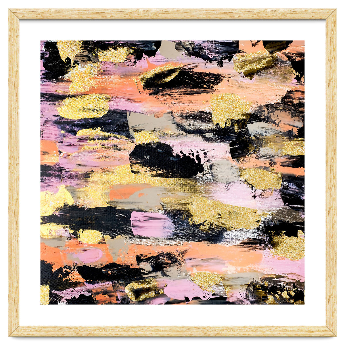 Modern Abstract Black Pink Salmon Gold Acrylic Brushstrokes Paint