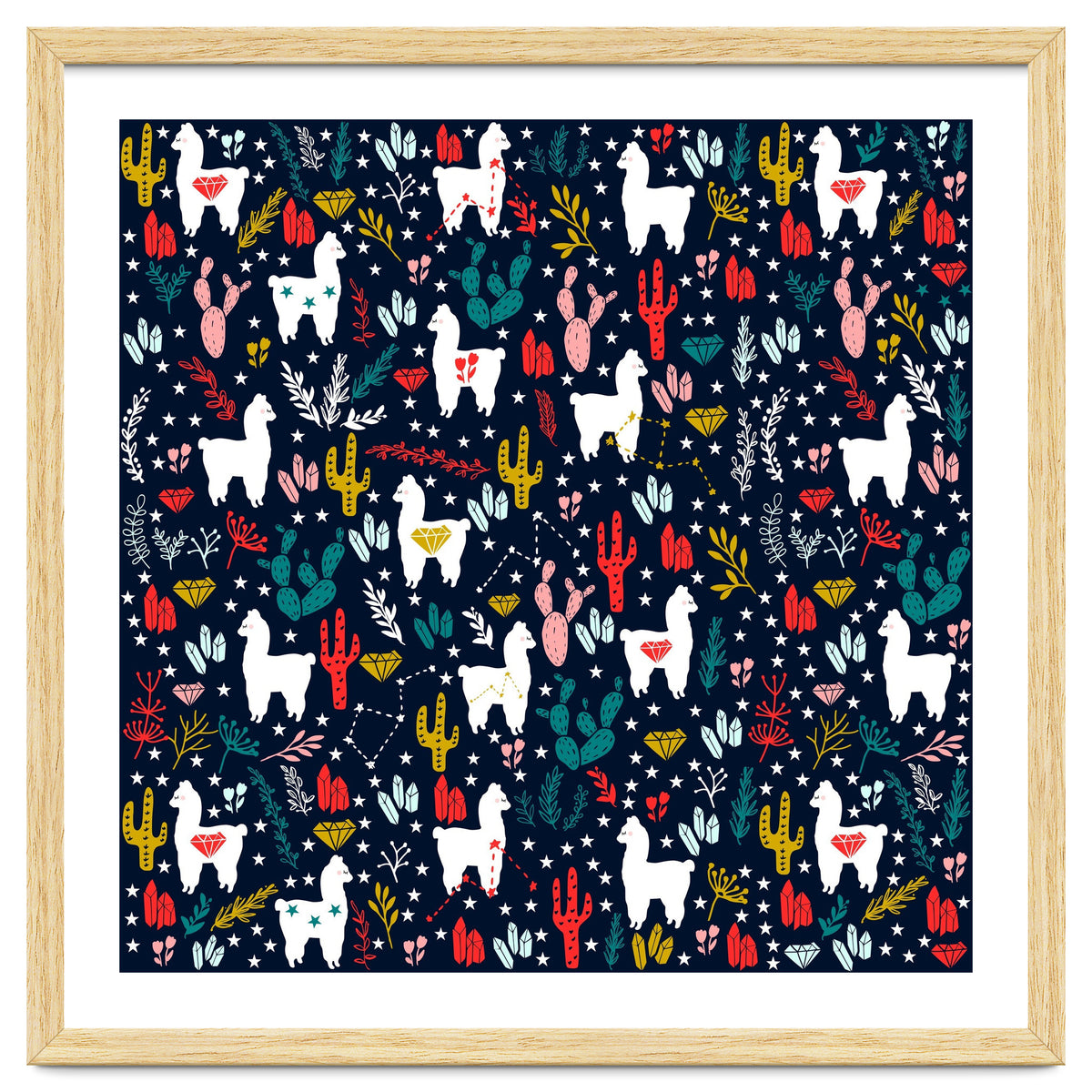 Cute Alpaca Pattern with Cacti, Stars and Crystals