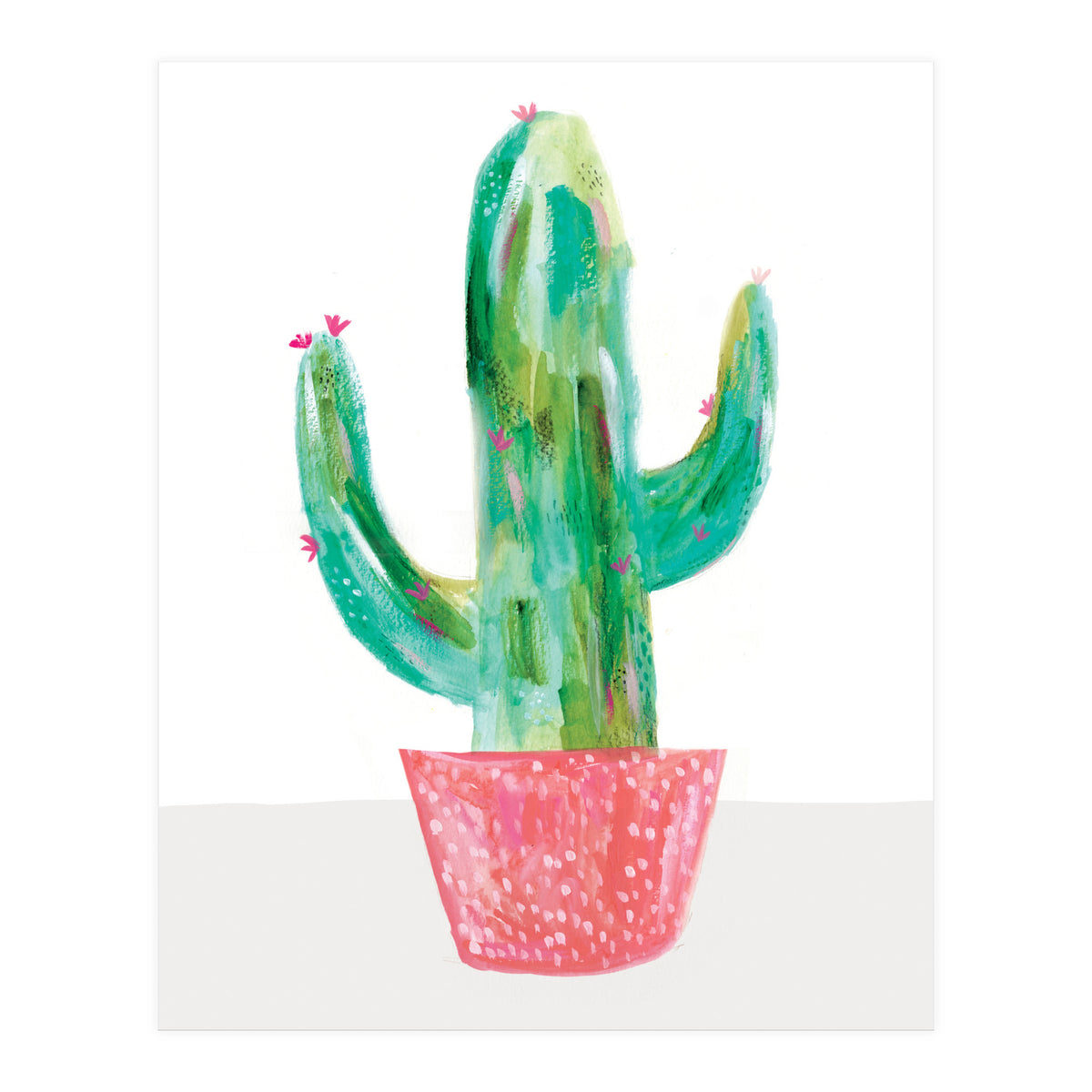 Painted Cactus In Coral Plant Pot (Print Only)