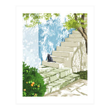 Black cat on the steps Poster, Greece Santorini summer travel pet painting (Print Only) thumbnail