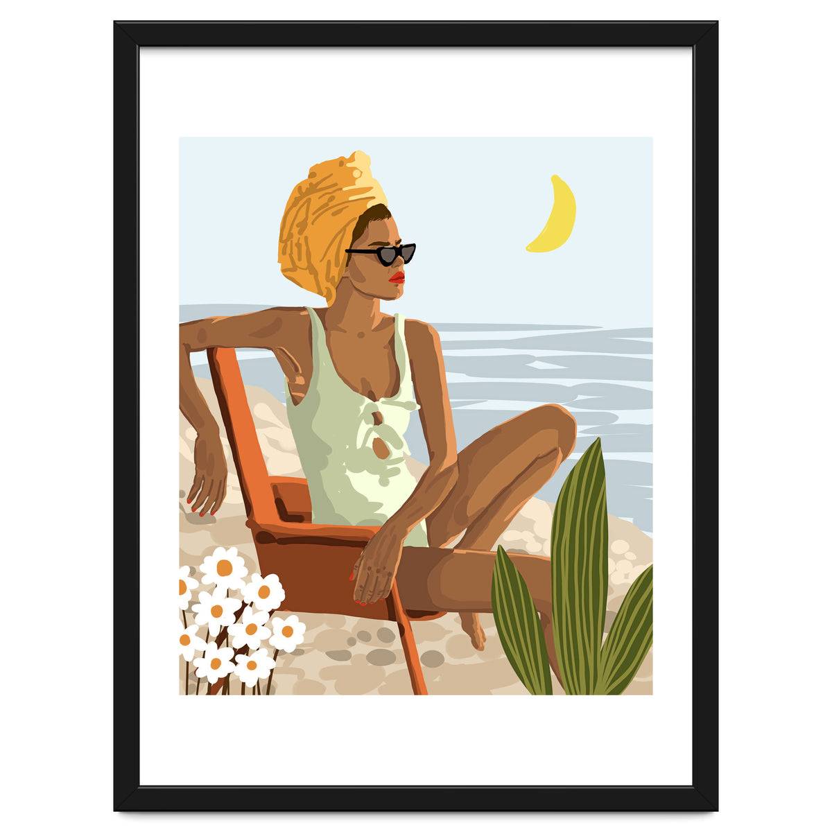 Moon Child, Beach Vacation, Black Woman Illustration Travel Ocean, Tropical Bohemian Fashion