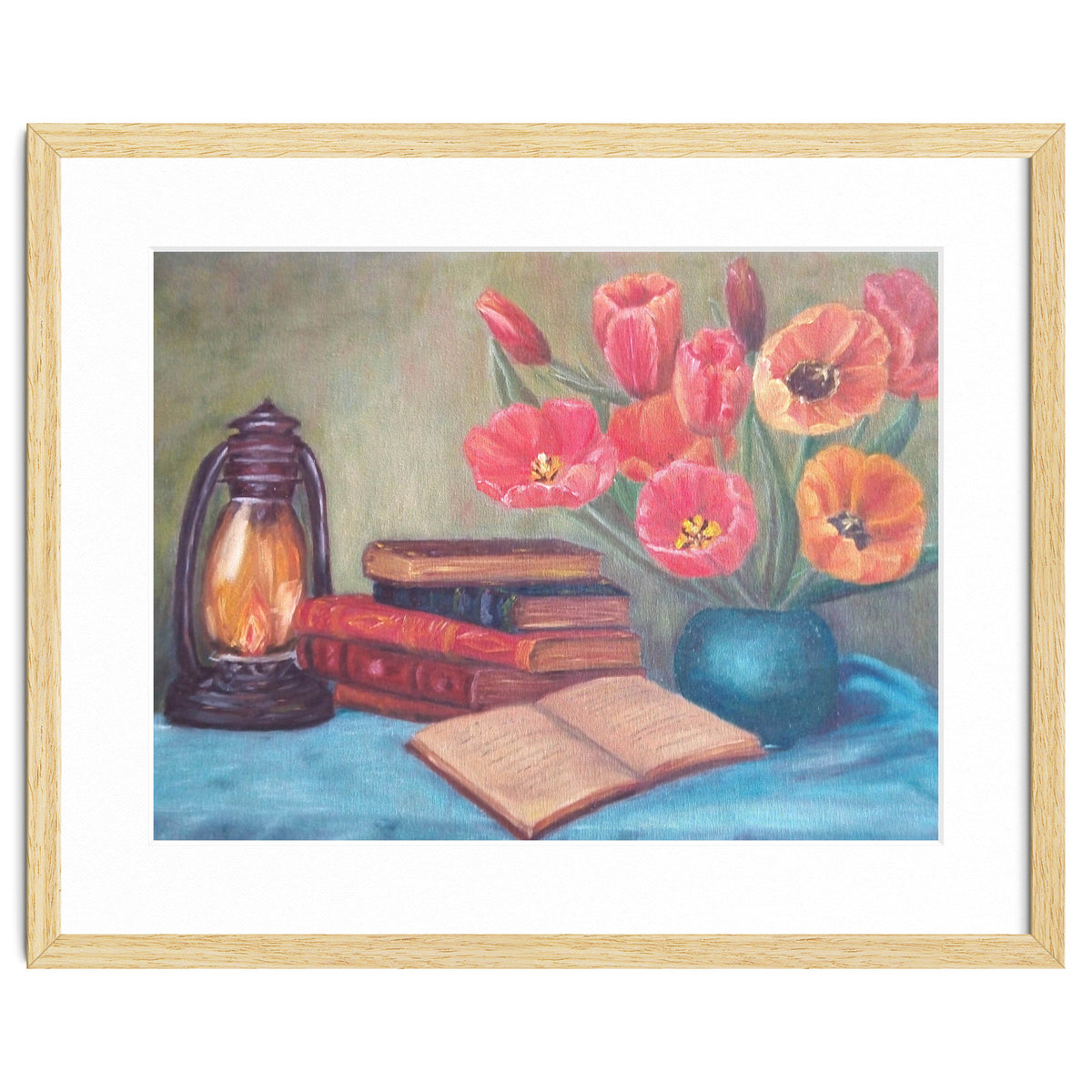 Still life with tulips, books and an old lamp.