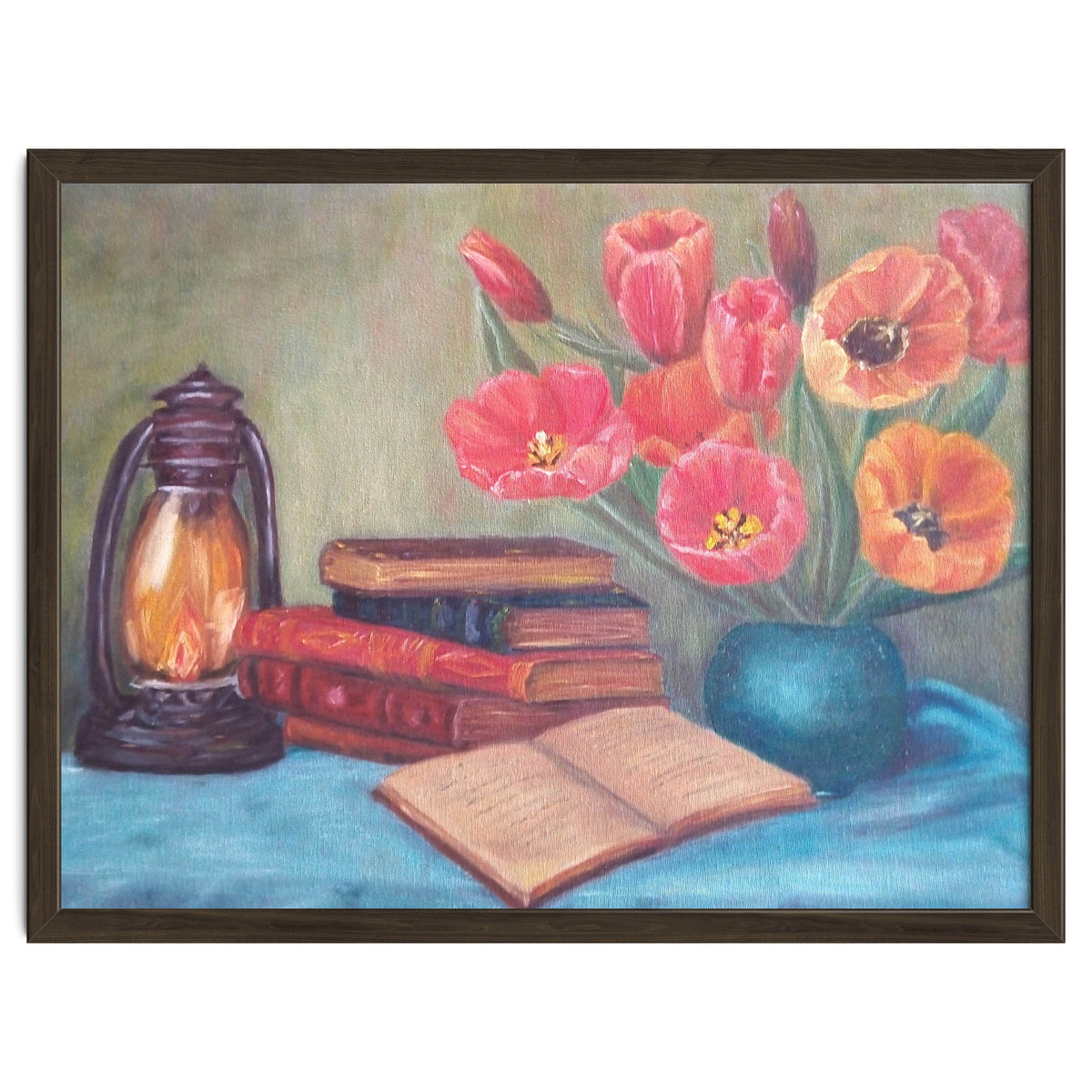 Still life with tulips, books and an old lamp.