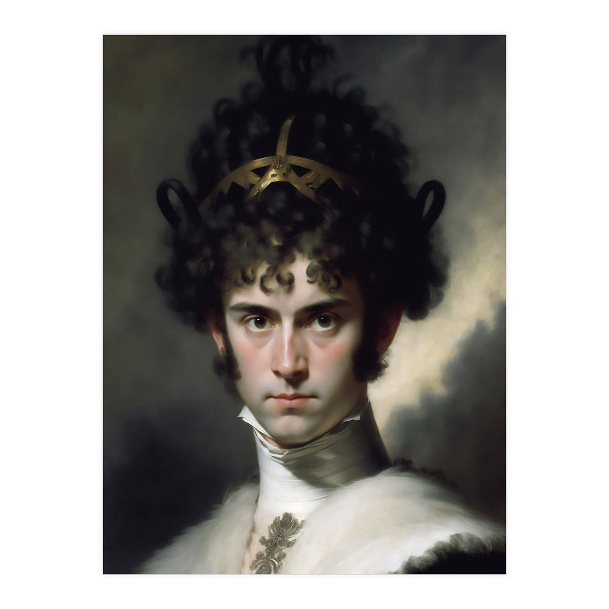 Curly Haired Man Moody Vintage Dark Painting  (Print Only)