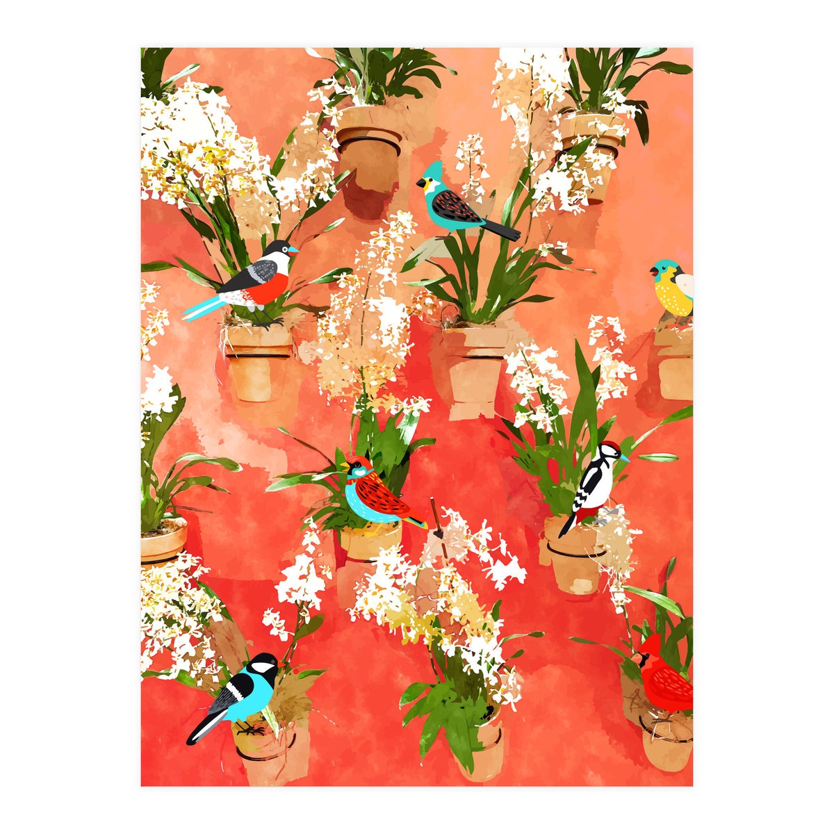 Birds of different feathers flock together | Biodiversity Wildlife Animals Red Watercolor Painting (Print Only)