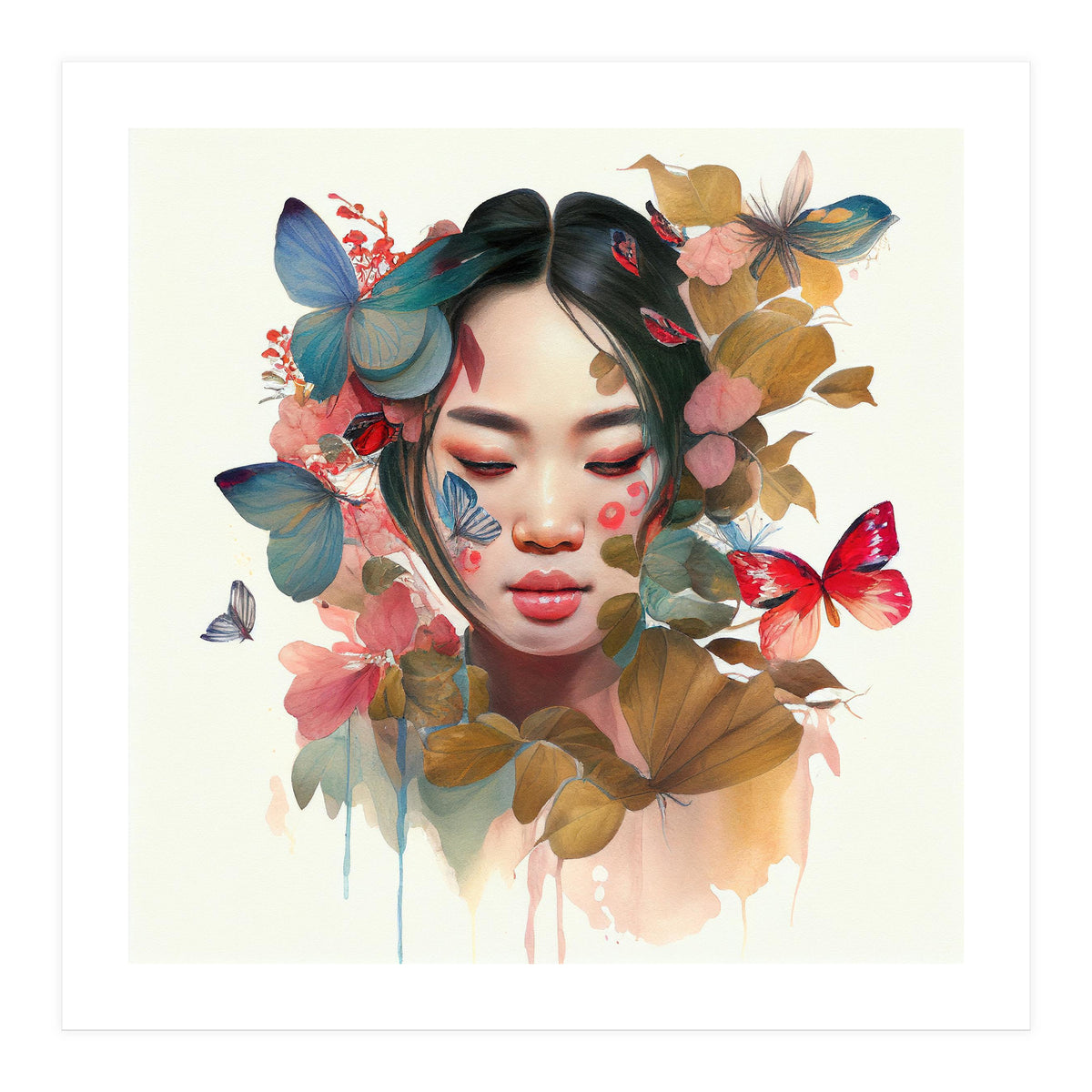 Watercolor Floral Asian Woman #9 (Print Only)