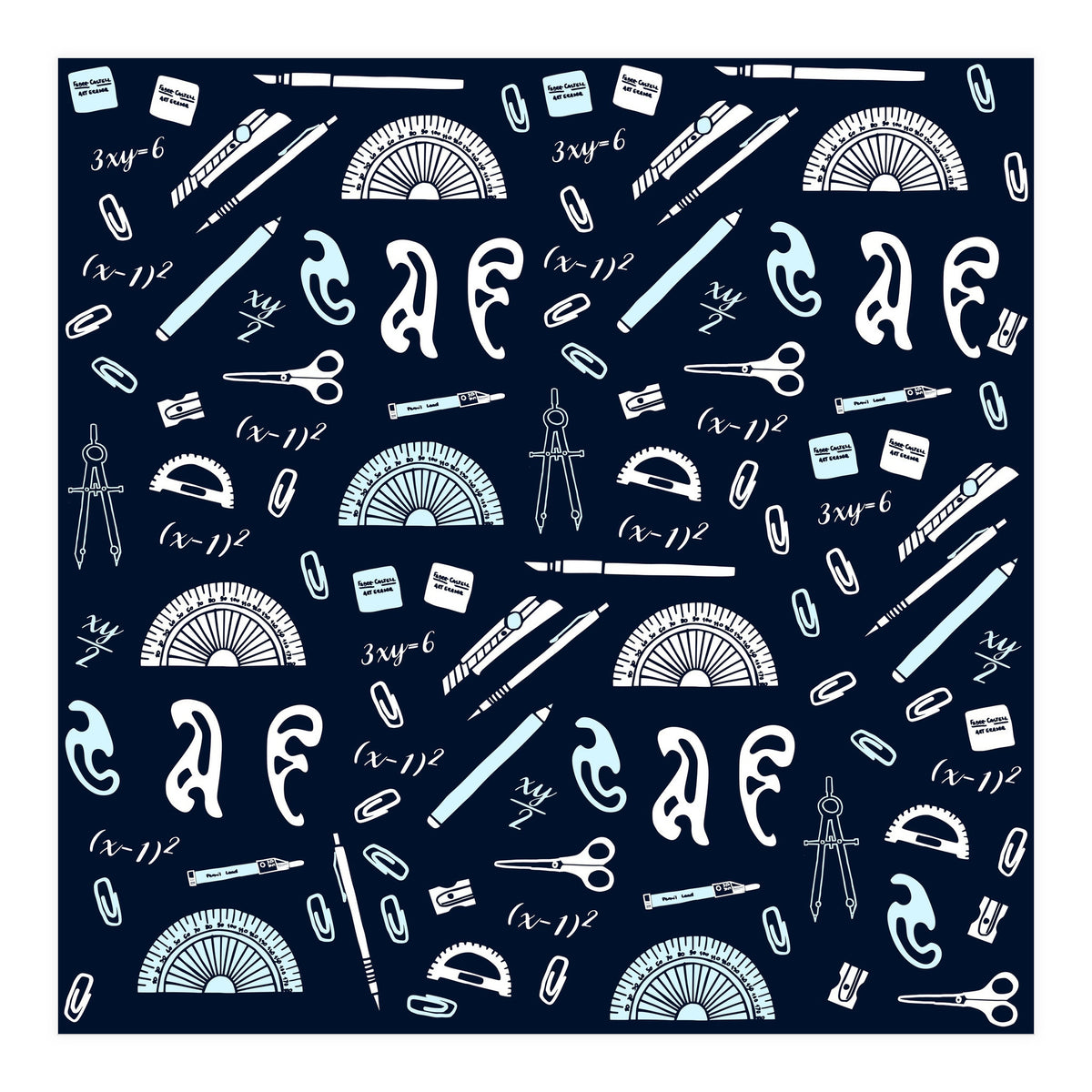 Mathematics and Geometry Pattern with protractors, mechanical pencils and erasers (Print Only)