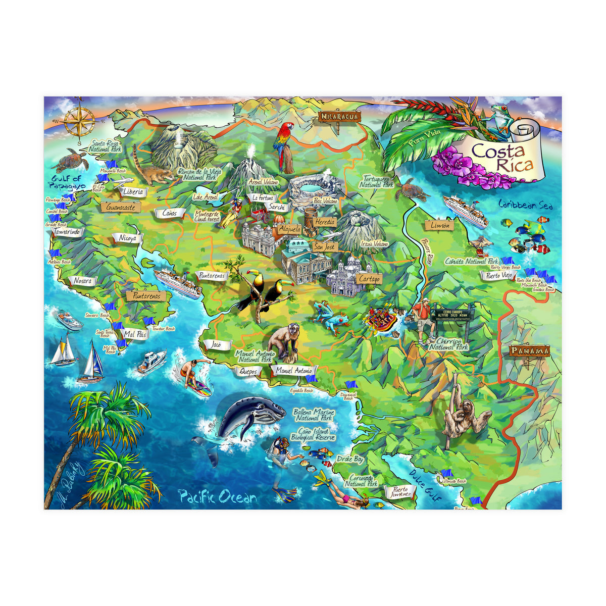 Costa Rica Map Illustration (Print Only)