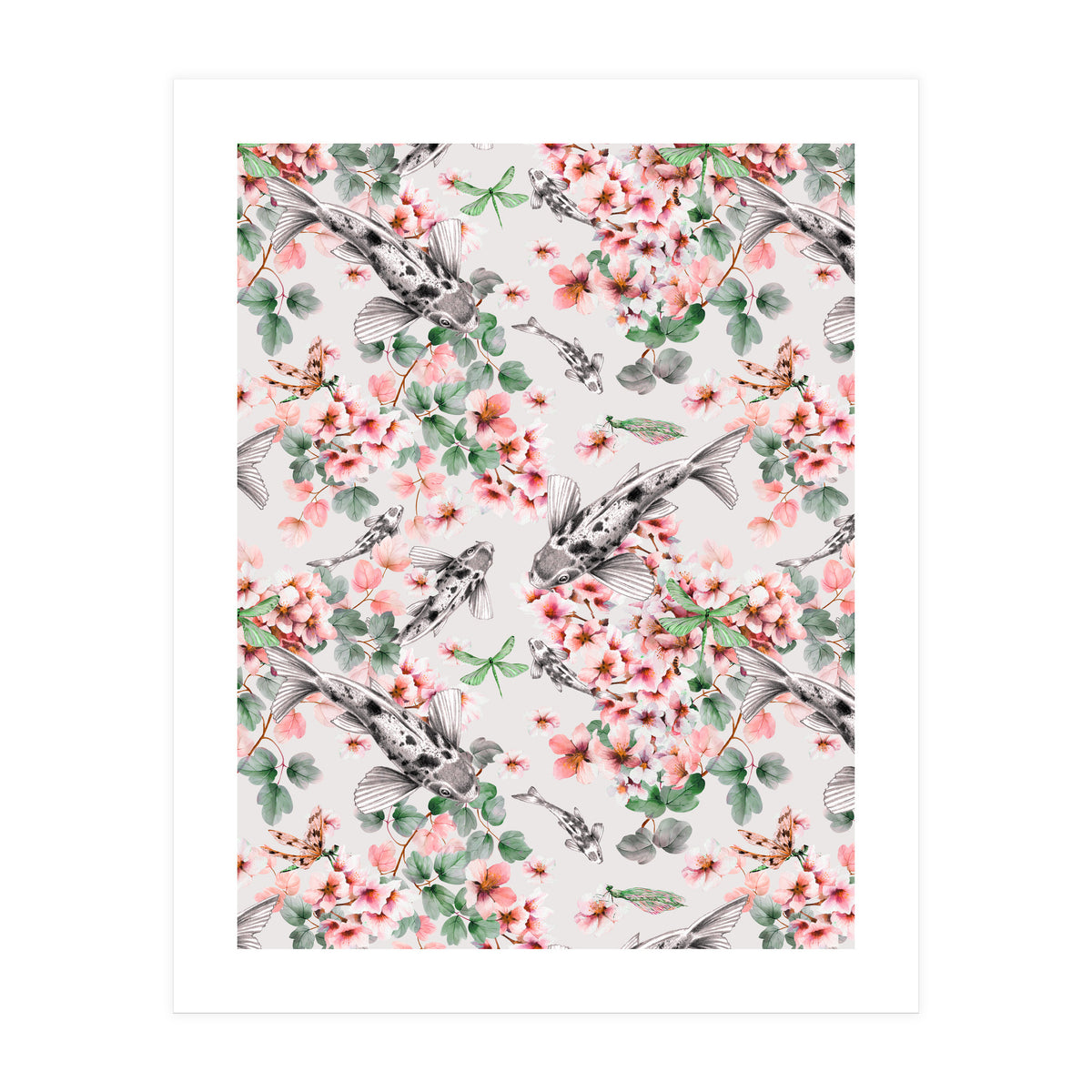 Asian fish among flowers (Print Only)