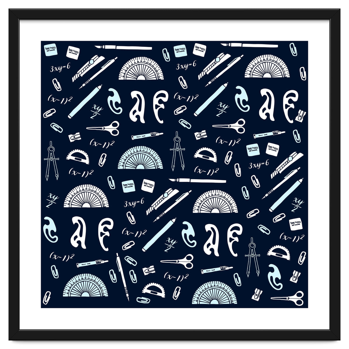 Mathematics and Geometry Pattern with protractors, mechanical pencils and erasers