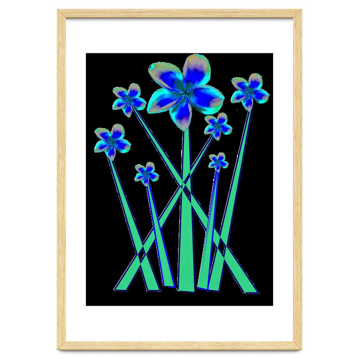 Blue flowers on black.