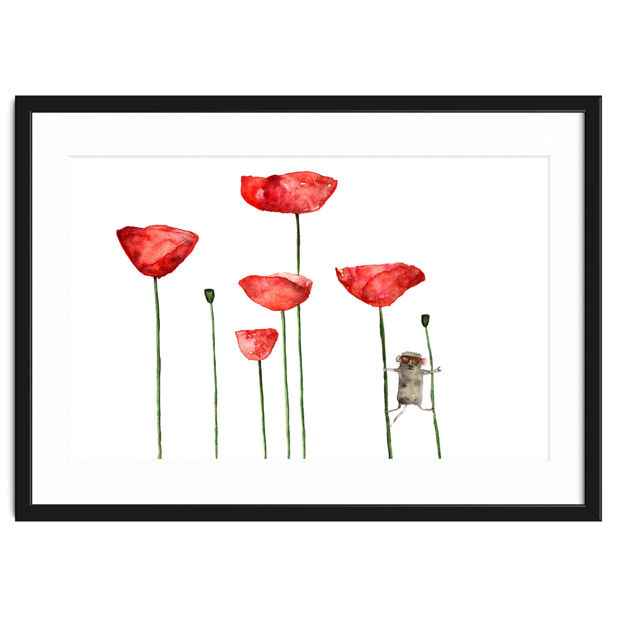 Little mouse loves big poppies || watercolor for nursery