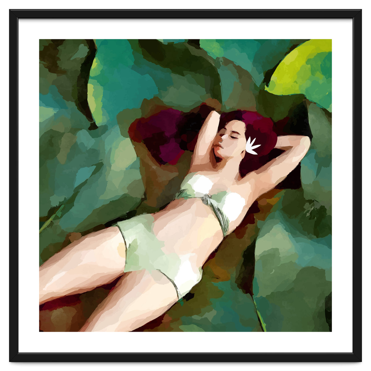 The Moment of Peace, Girl Woman on Lotus Leaf, Tropical Nature Botanical Watercolor Bohemian Painting