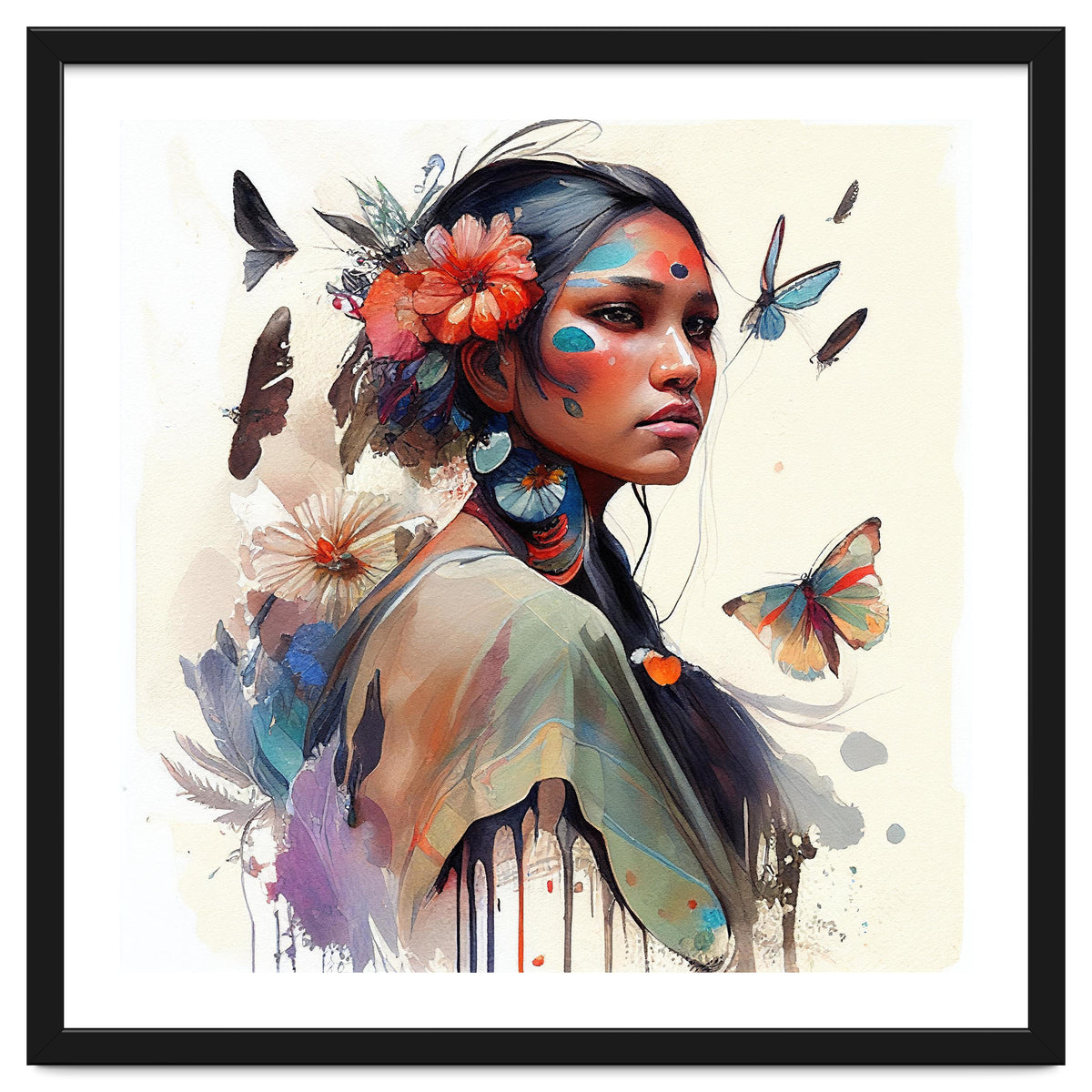 Watercolor Floral Indian Native Woman #3