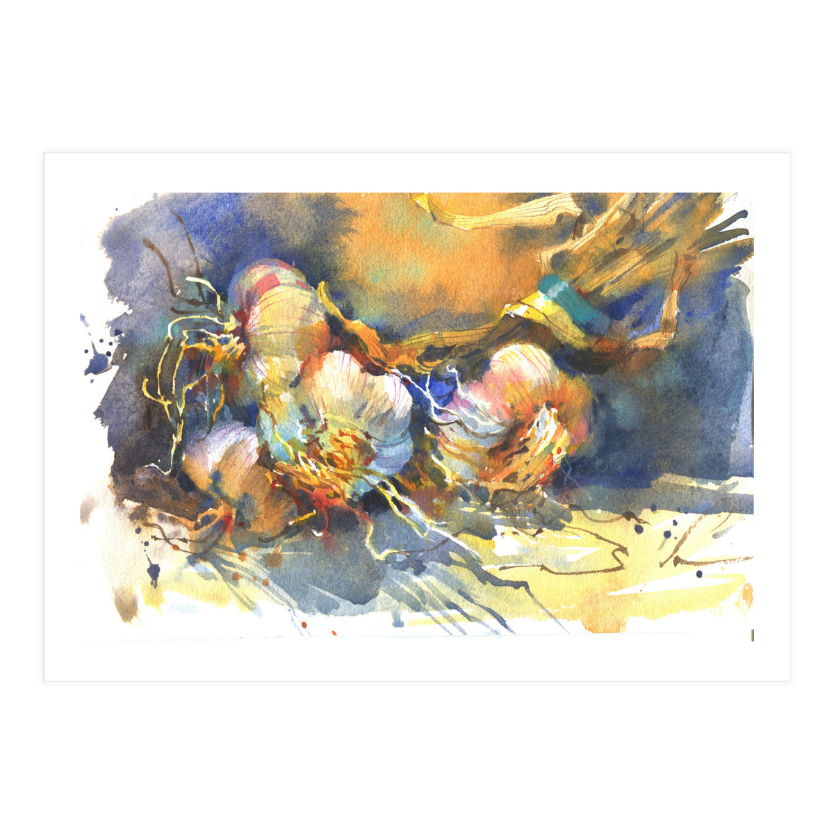 Garlic still life watercolor painting for kitchen  (Print Only)