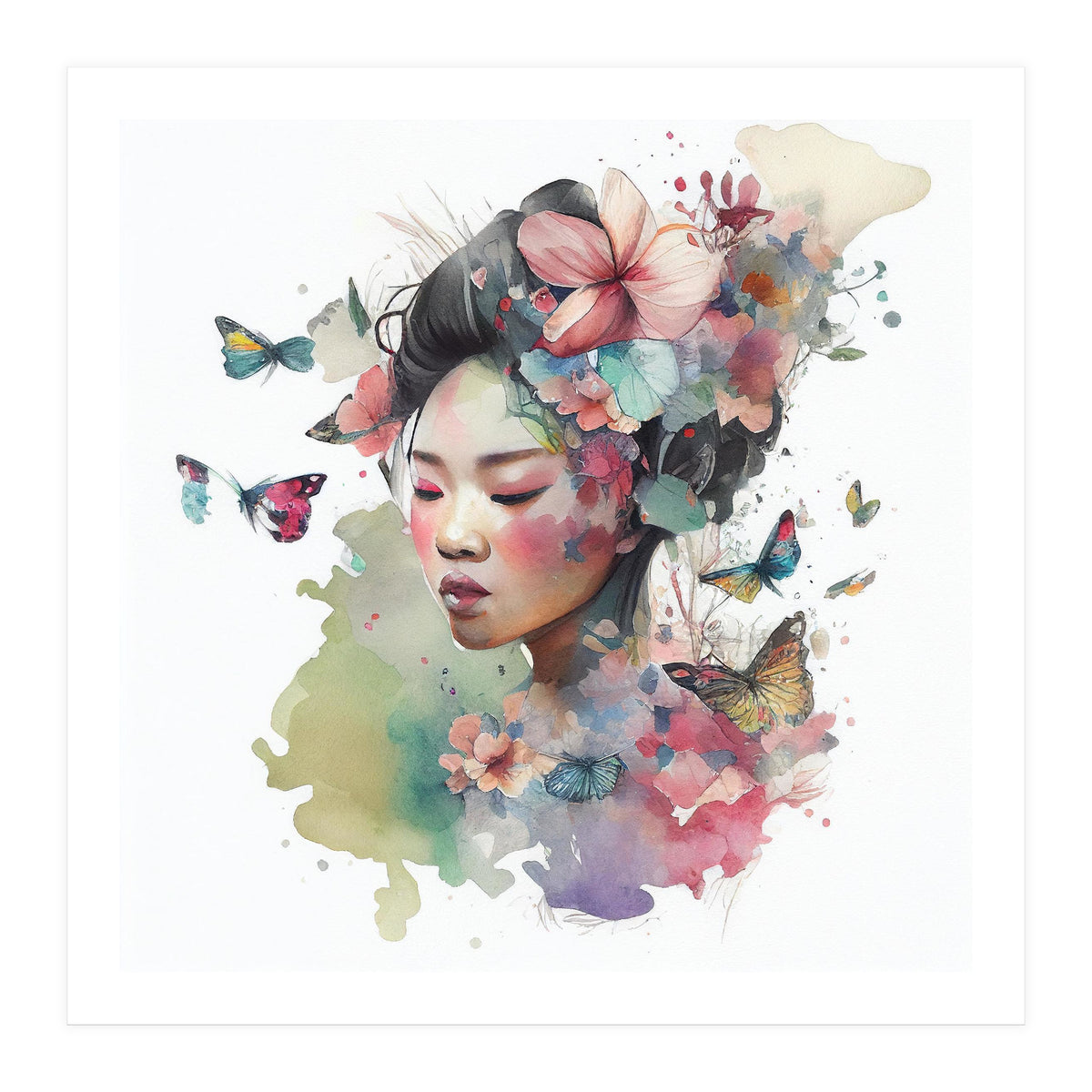 Watercolor Floral Asian Woman #6 (Print Only)