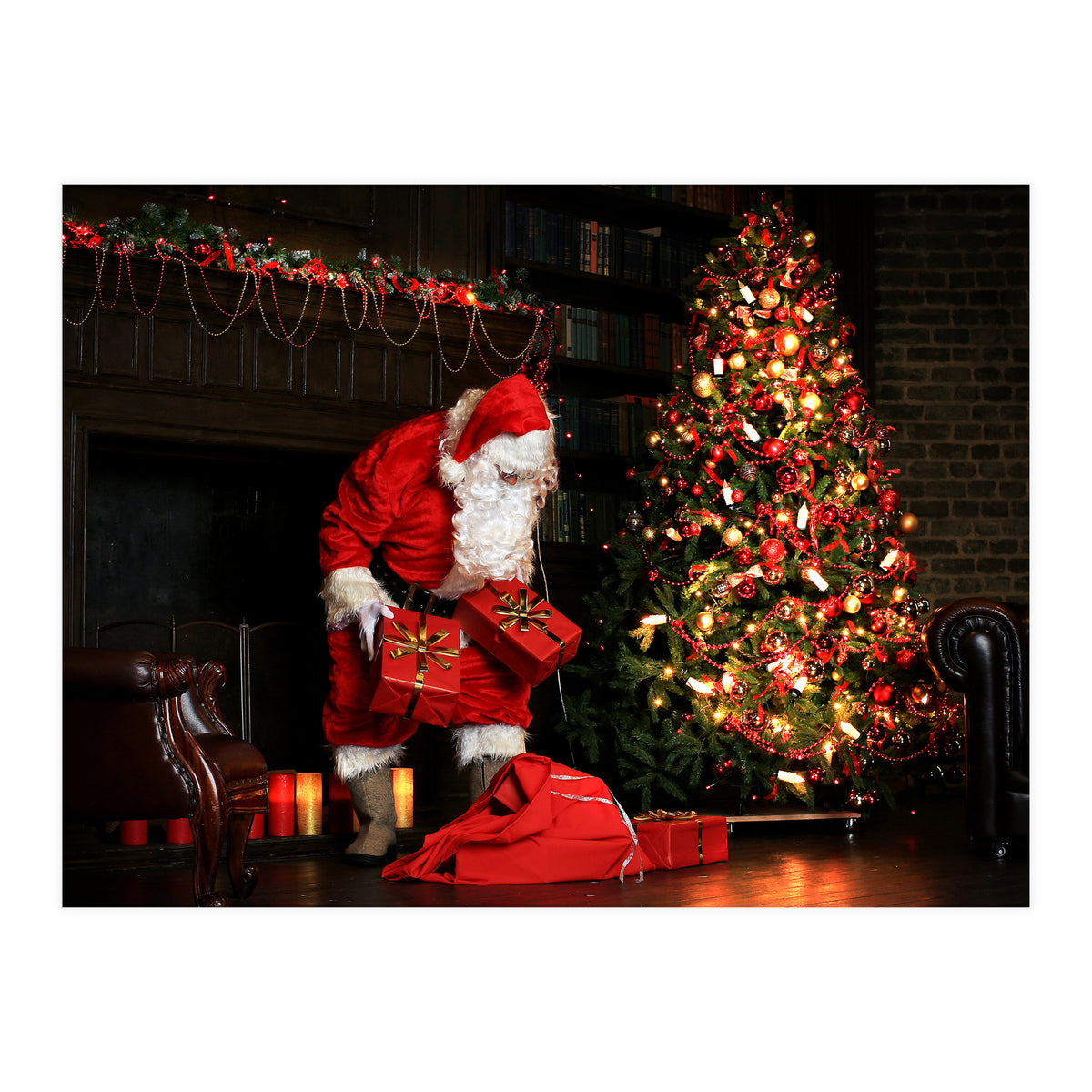 Santa Claus put his Christmas gift under the Xmas tree at midnight (Print Only)