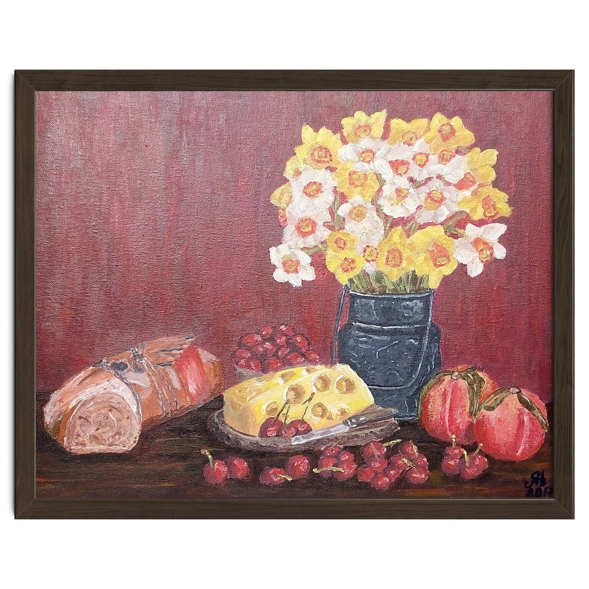 Still life with cheese, daffodils on a red background.