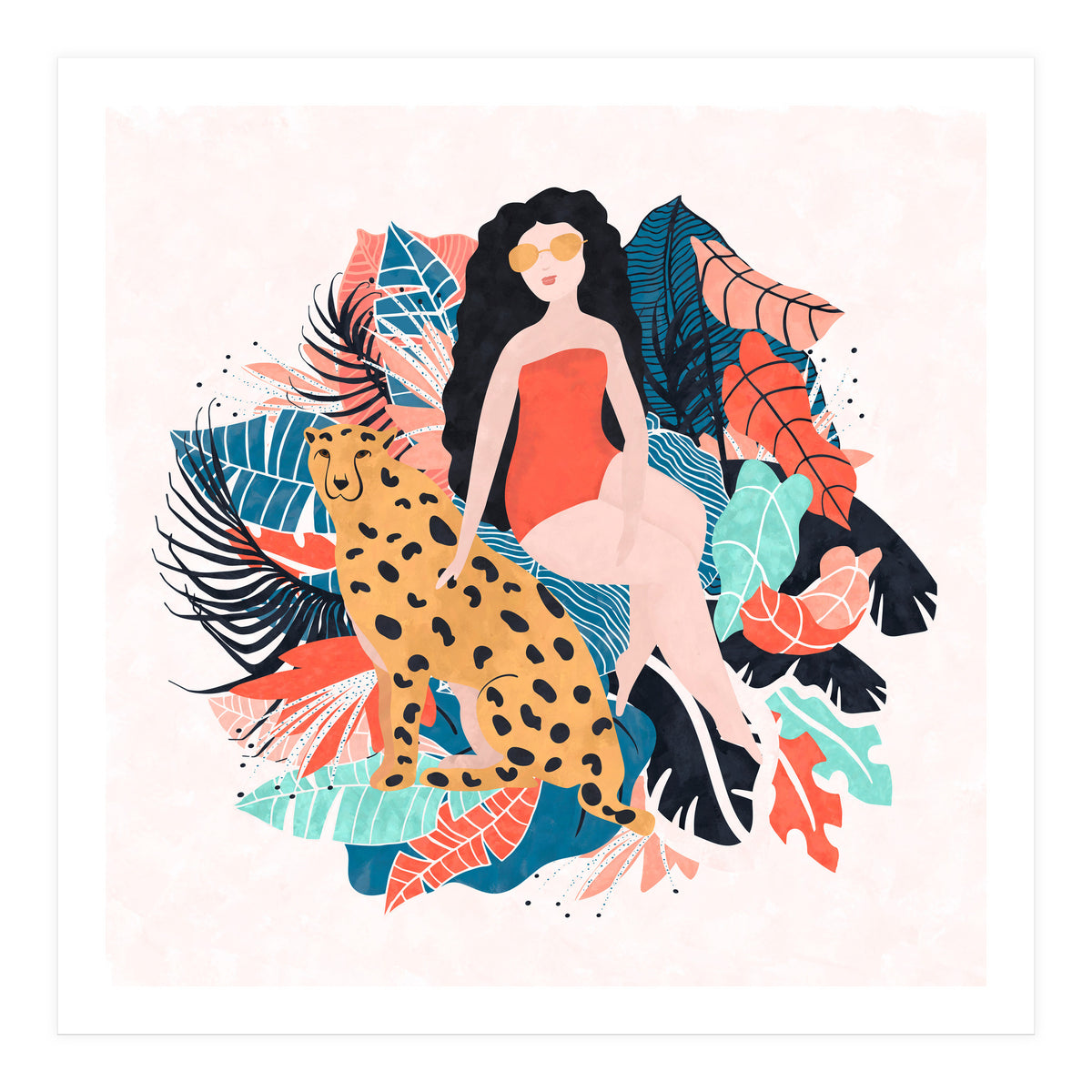 Black Hair Tropical Girl With Cheetah (Print Only)