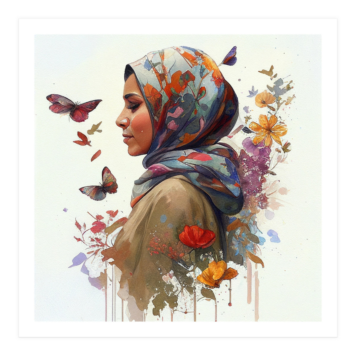 Watercolor Floral Muslim Woman #2 (Print Only)