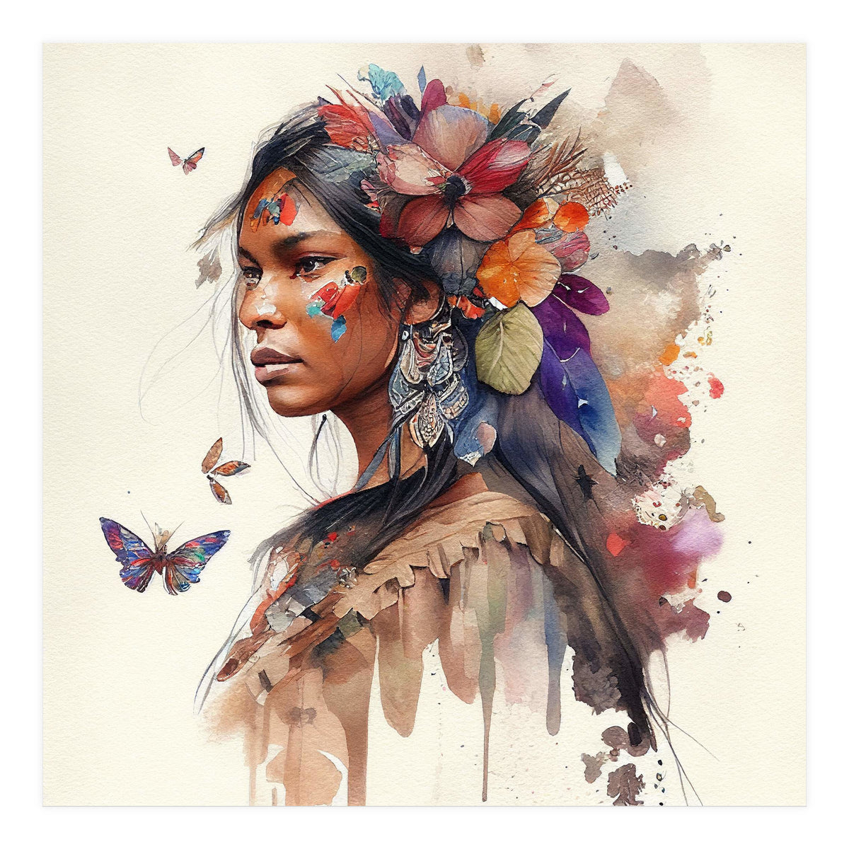 Watercolor Floral Indian Native Woman #9 (Print Only)