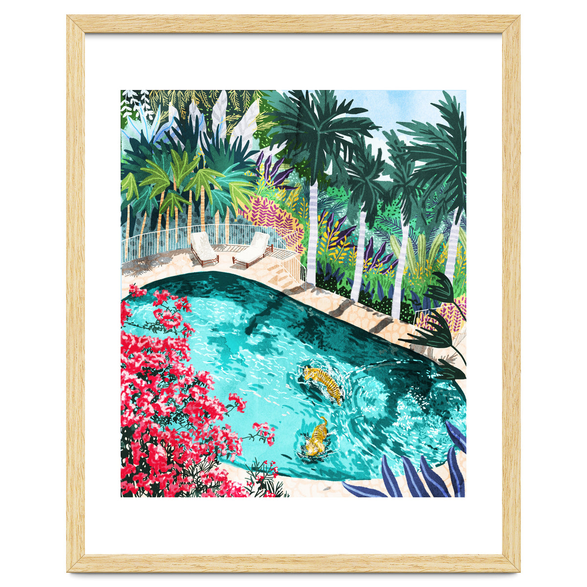 Luxury Tiger Villa illustration, Architecture Travel Nature Painting, Hotel Landscape Garden