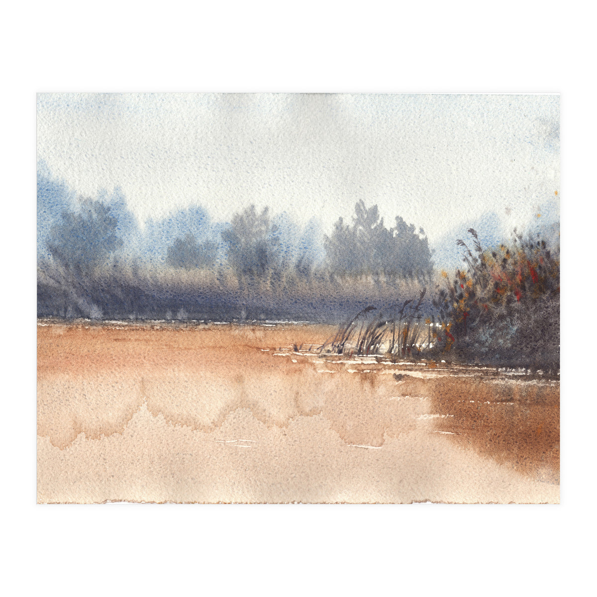 Landscape painting watercolor. Foggy (Print Only)