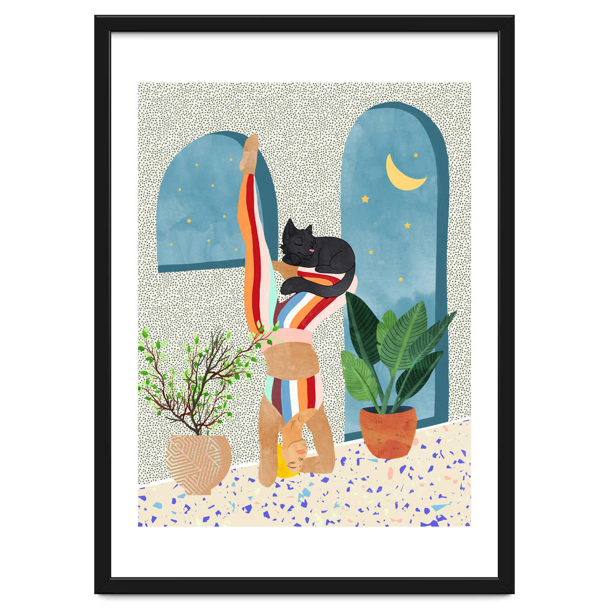 Headstand, Cat Yoga, Active Woman Workout, Eclectic Colorful Pets Terrazzo