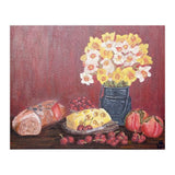 Still life with cheese, daffodils on a red background. (Print Only) thumbnail