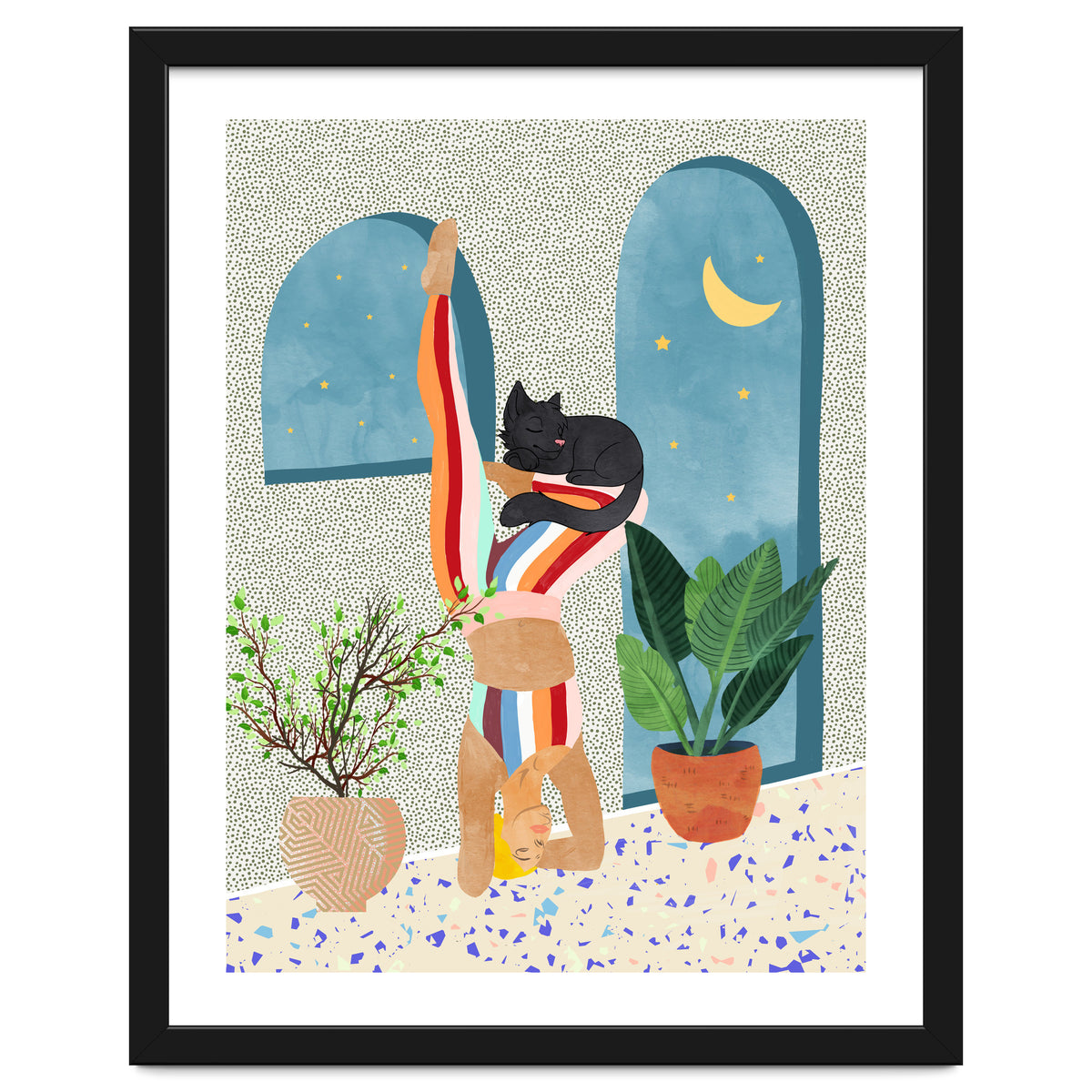 Headstand, Cat Yoga, Active Woman Workout, Eclectic Colorful Pets Terrazzo