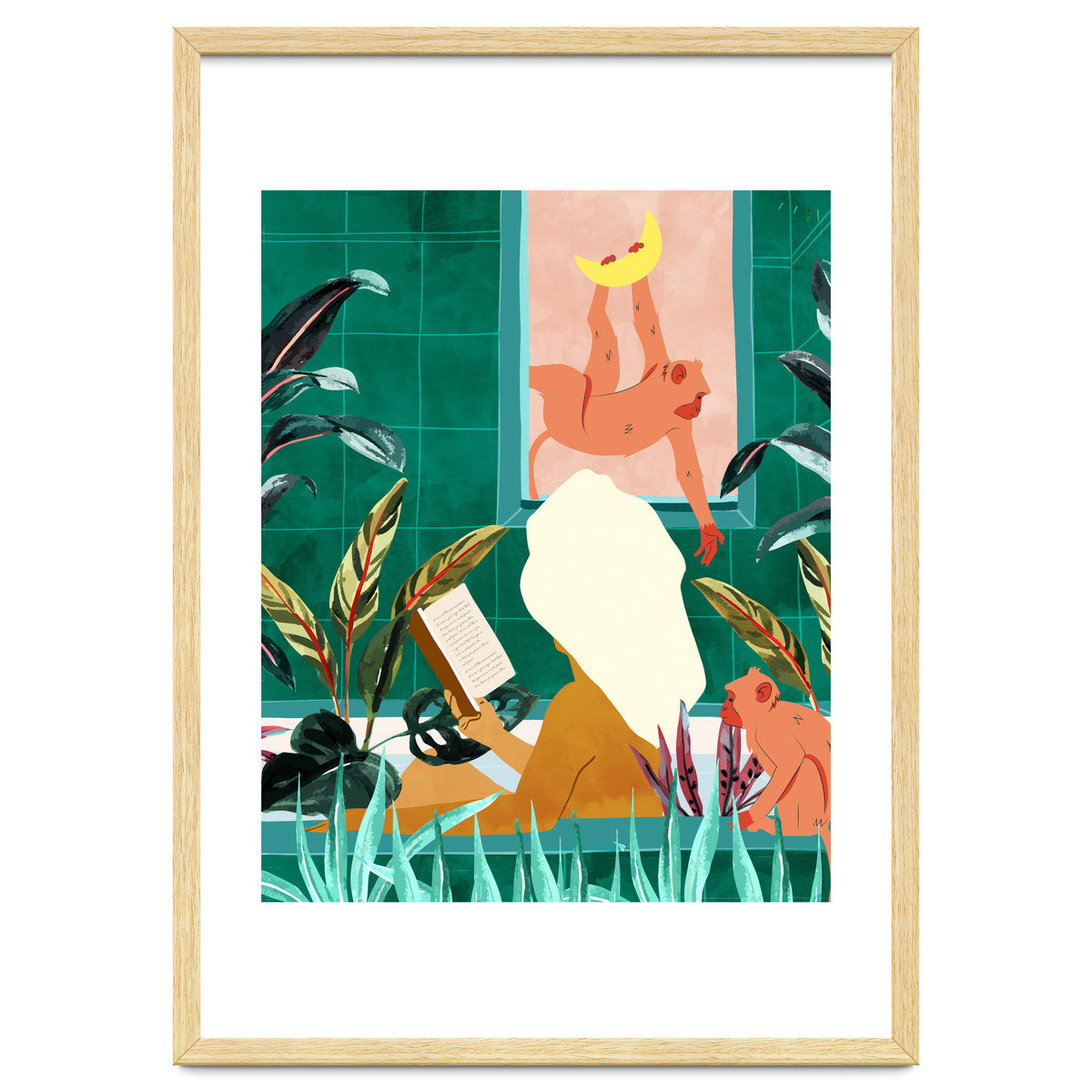 Urban Jungle Bath | Tropical Modern Bohemian Woman Bathtub | Pet Monkey Wild Animals Moon Watercolor