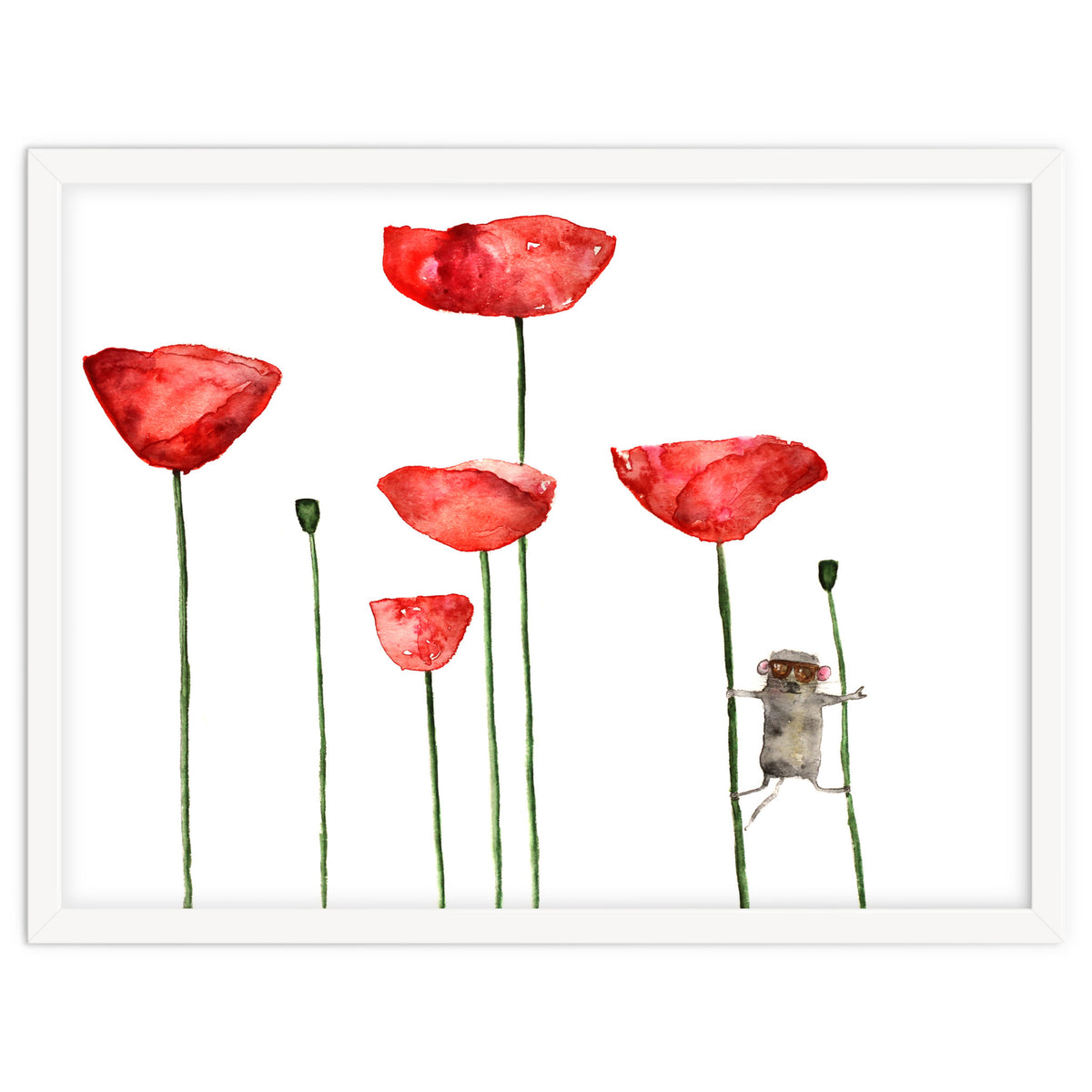 Little mouse loves big poppies || watercolor for nursery