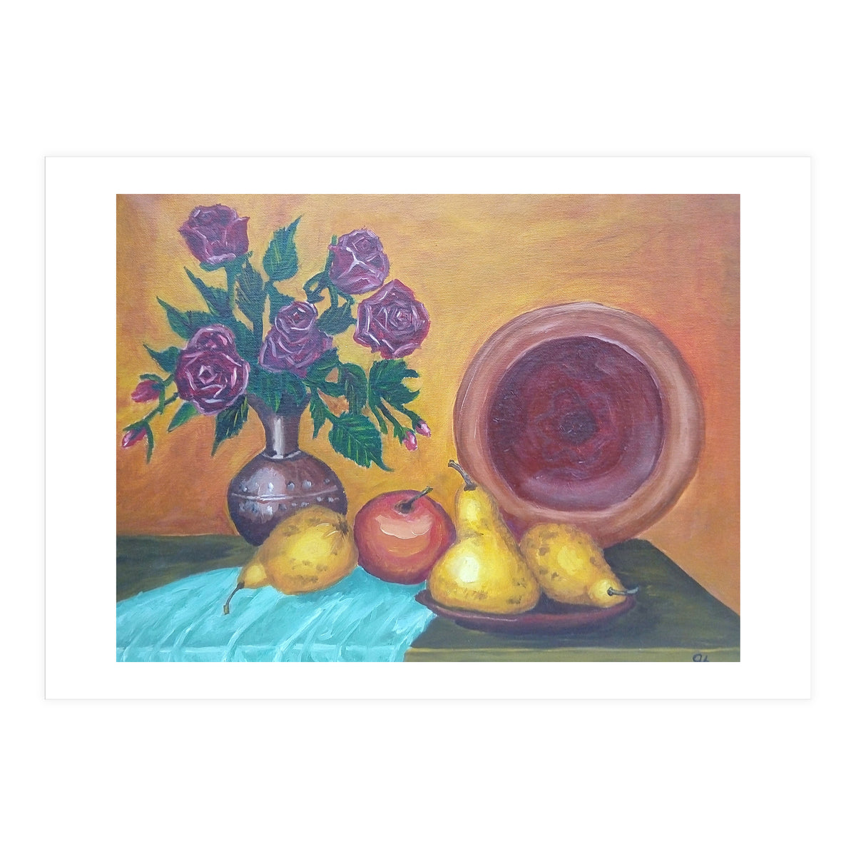 Still life with pears, roses and a dish. (Print Only)
