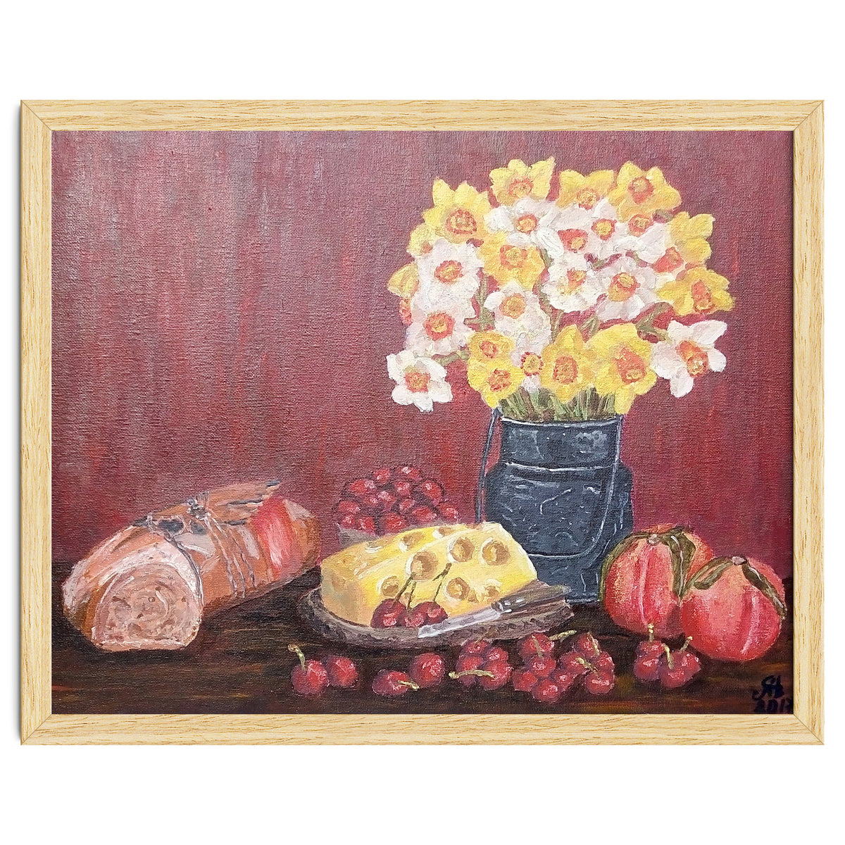 Still life with cheese, daffodils on a red background.