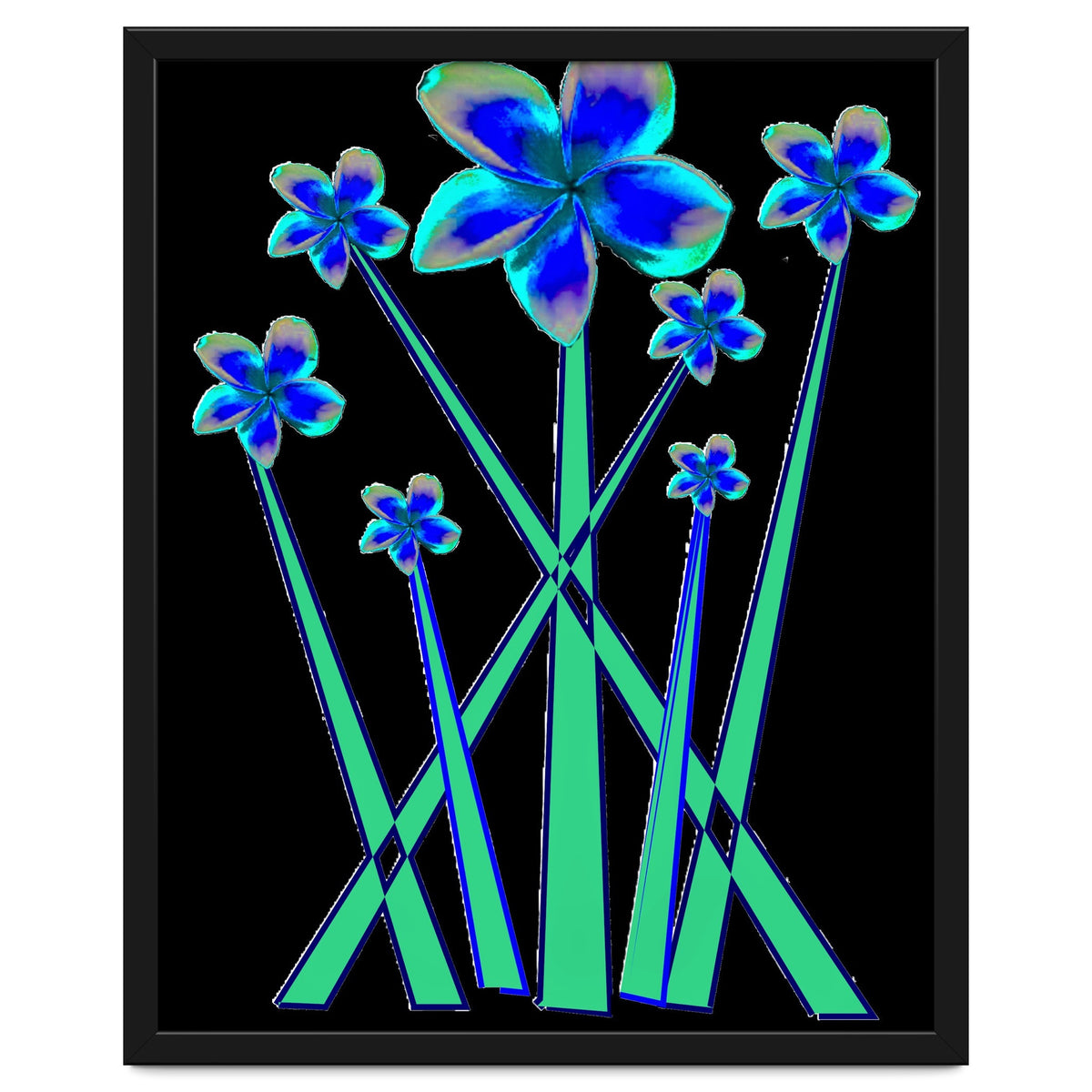 Blue flowers on black.