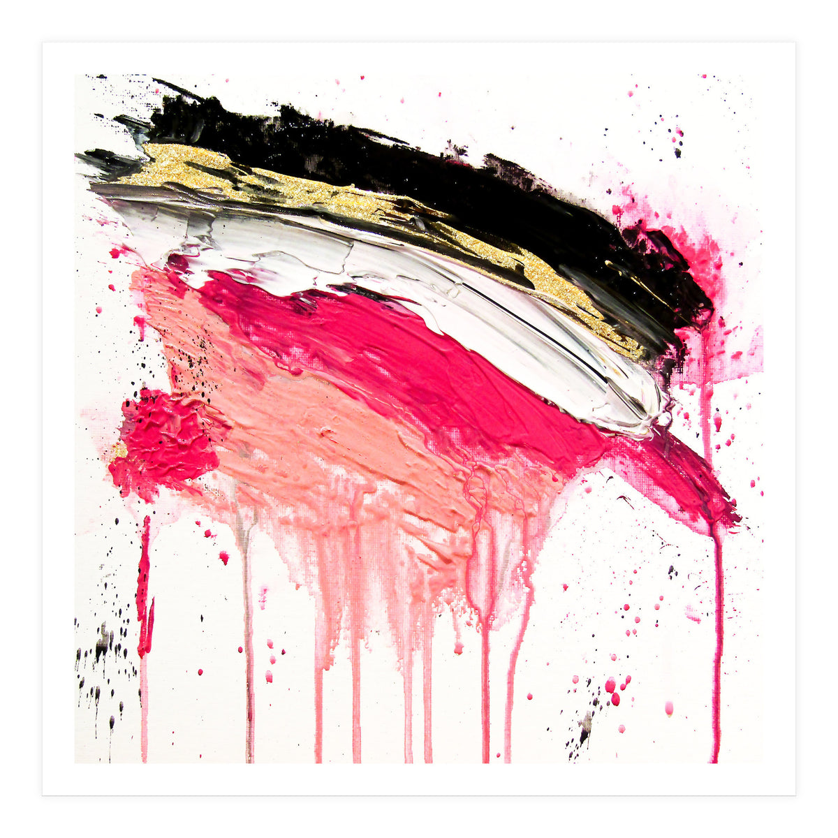 Modern Abstract Pink Black Gold Brushstrokes Splatters Acrylic (Print Only)