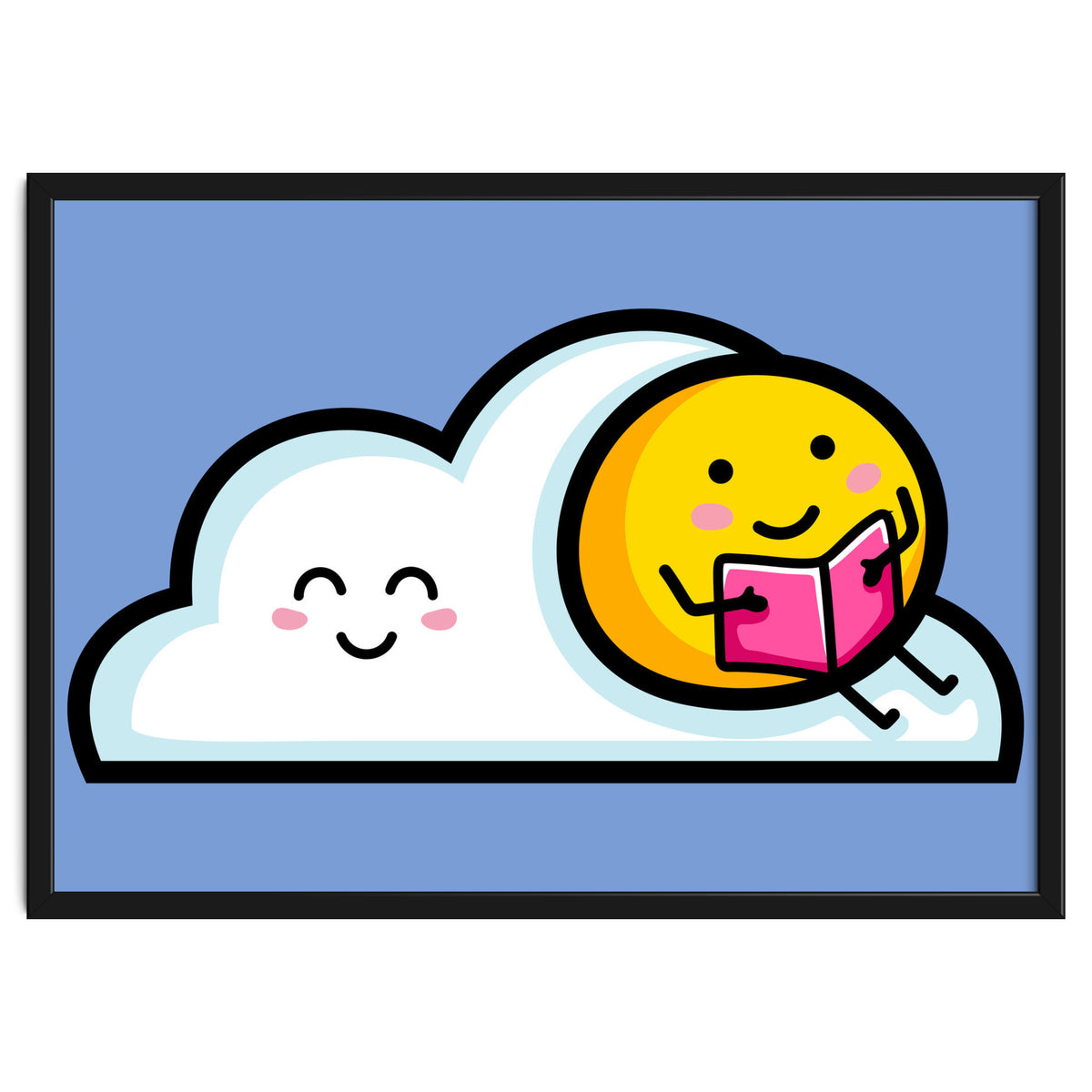 Kawaii Cute Sun Reading A Book On A Cloud