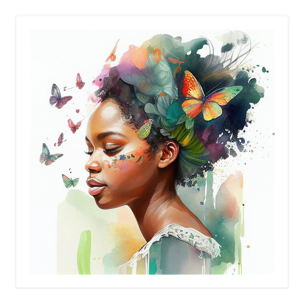 Watercolor Butterfly African Woman #3 (Print Only)